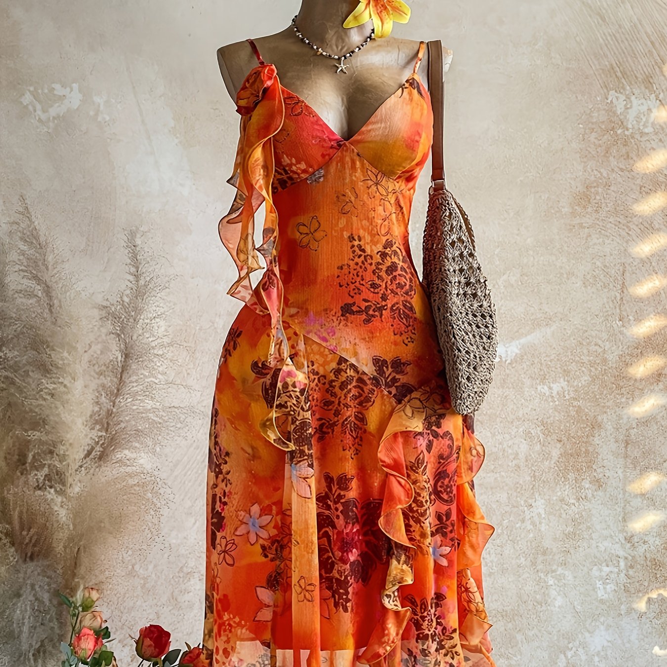 E-shop Camisole-Kleid im Urlaubsstil mit Vintage-Druck, Batik, Rüschenbesatz, Blumenmuster, V-Ausschnitt, geraffter Taille romantischem, unregelmäßigem