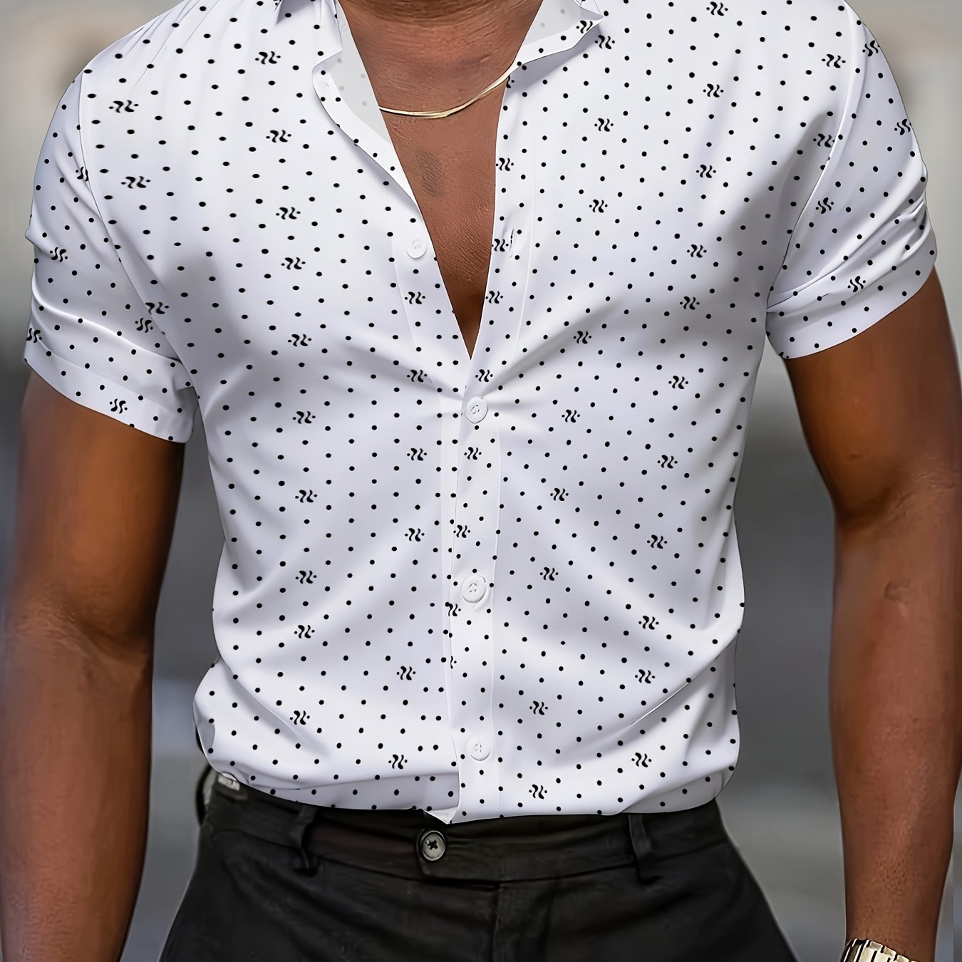 TEMU White Polka Dot Short Sleeve Shirt - Lapel Button-up Collar Button- Top, Loose Fit Business Casual Summer Shirt Suitable For Office, Wedding,