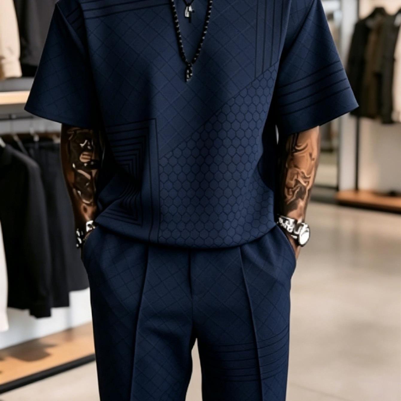 Image of Men's 2pcs Shirt Set, Loose And Slimming Sports Suit, Breathable And Quick-drying 2pcs Set With Short Sleeves And Long Pants, Set