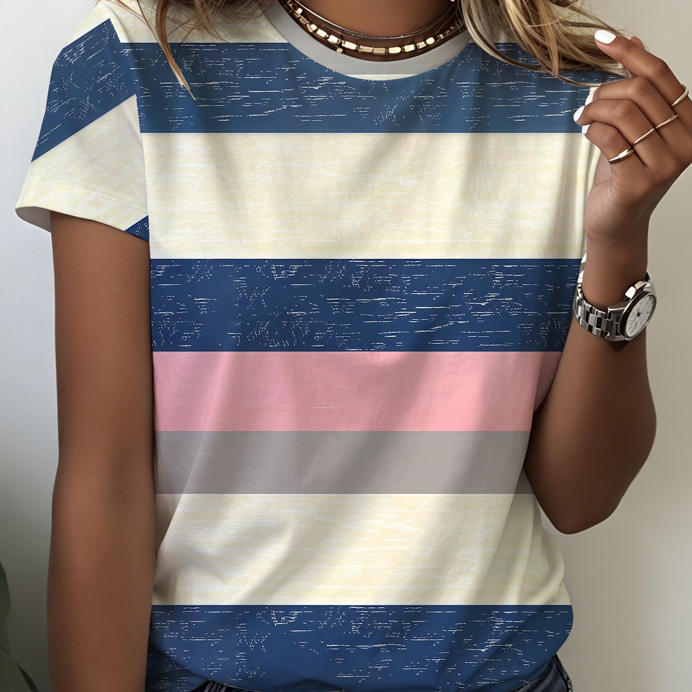 TEMU Women's Retro Washed Stripe Round Neck Short Sleeve T-shirt, Casual Short Sleeve Comfortable Soft Summer Sweat-absorbent Breathable Top, Summer