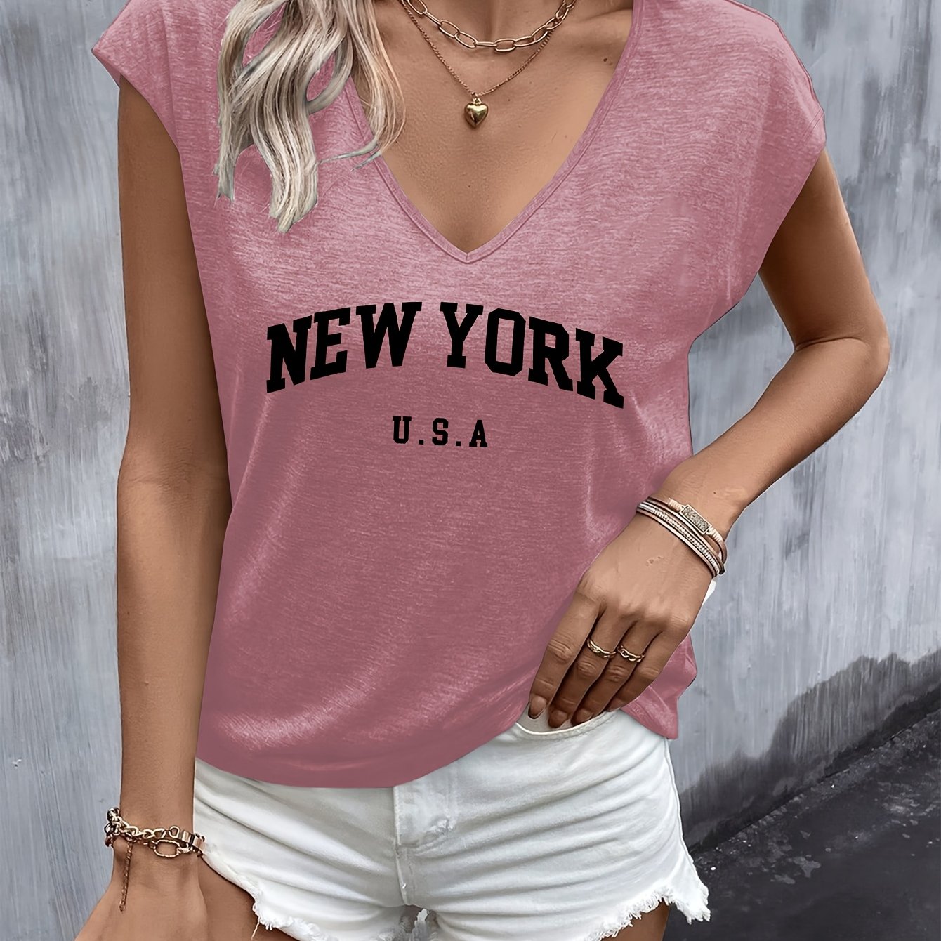 TEMU Letter Print V-neck Short-sleeve T-shirt, Stylish Women's V-neck Short-sleeve Top For Spring And Summer, Easy And Elegant Casual Women's Wear,