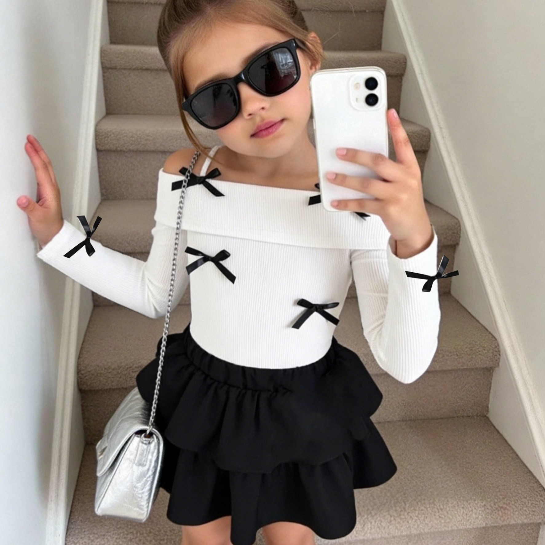 Image of Two-piece Girls' Set With Bow-decorated Lapel Camisole Long-sleeve Top And Layered Skirt, Suitable For Home And , Spring And Summer Style, Perfect For Outdoor,christmas,halloween