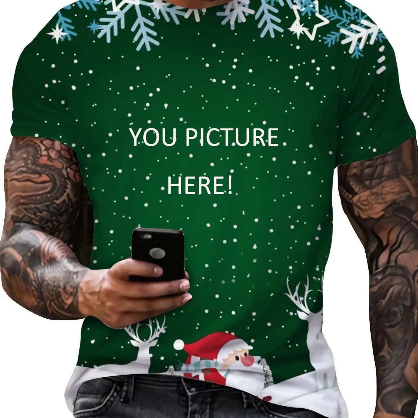 TEMU Men's Custom Christmas T-shirt With Santa Claus And Snowflakes, Polyester Fiber Crew Neck Short Sleeve Tee, Geometric Pattern, Straight Cut,