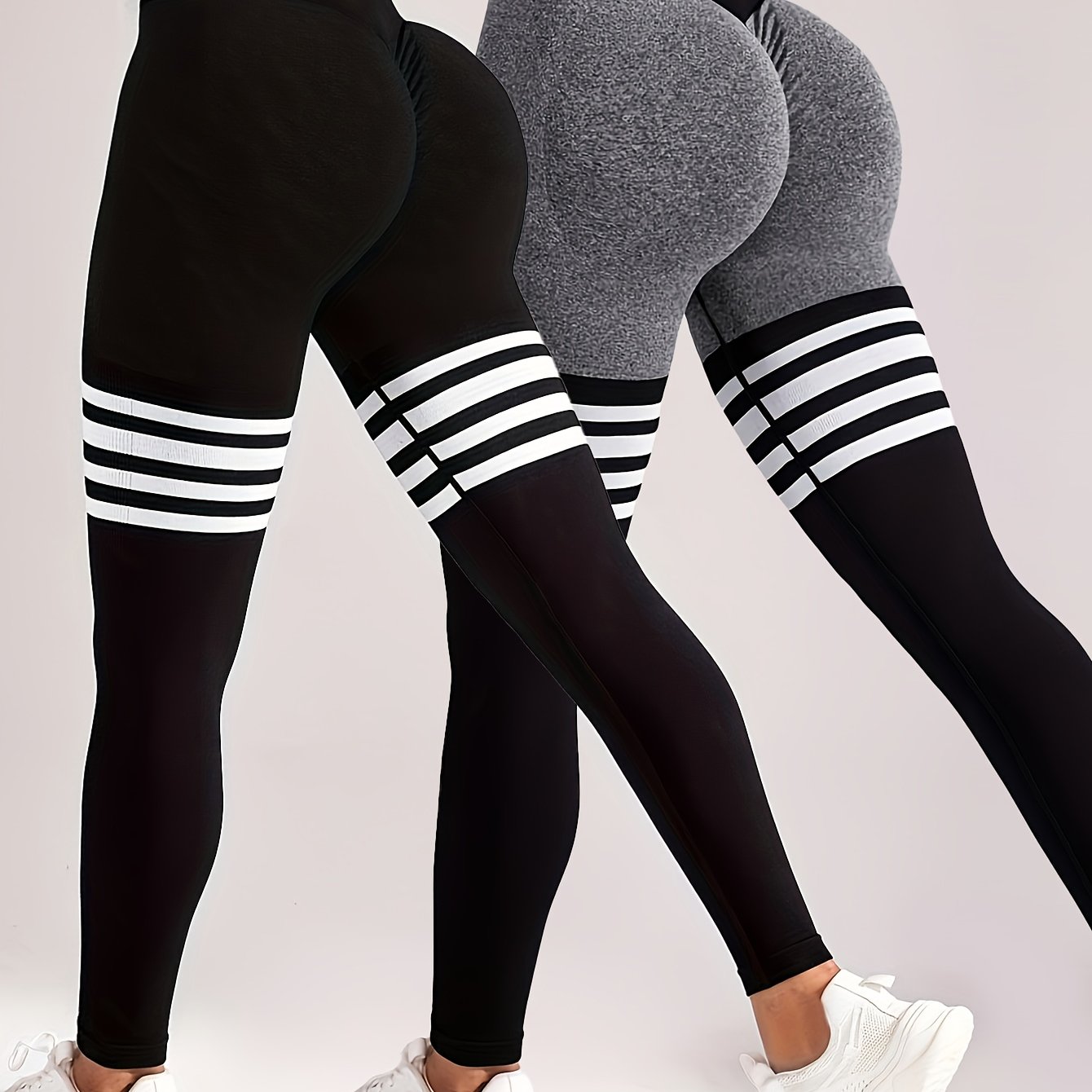 E-shop Damen High-Waist Nahtlose Po-Hebende Leggings 2er Set mit Oberschenkel-Streifen Design, Hoch Elastisch, Formend, Ideal für Gym, Laufen, Yoga