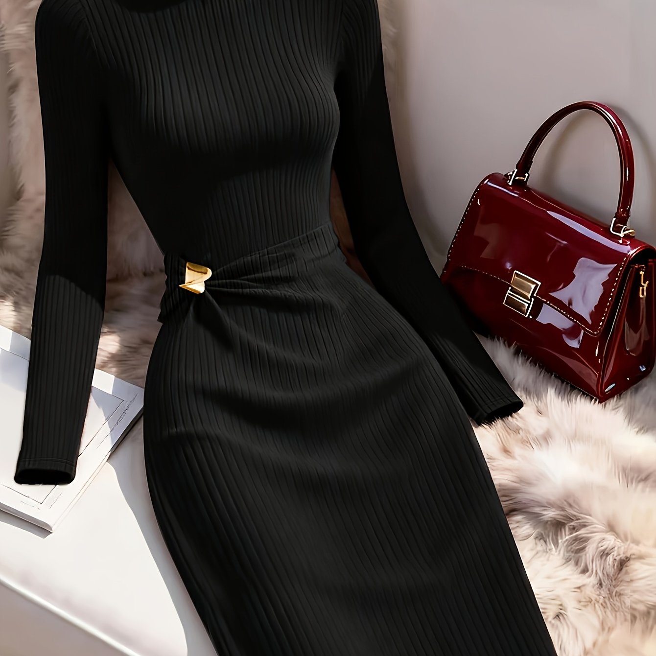 TEMU 2026 Herfst/Winter Dames Nieuwe Elegante Veelzijdige Casual Lange Mouw Hoge Hals Jurk, Geschikt voor Uitjes, Woon-werkverkeer, Dates, Shoppen,
