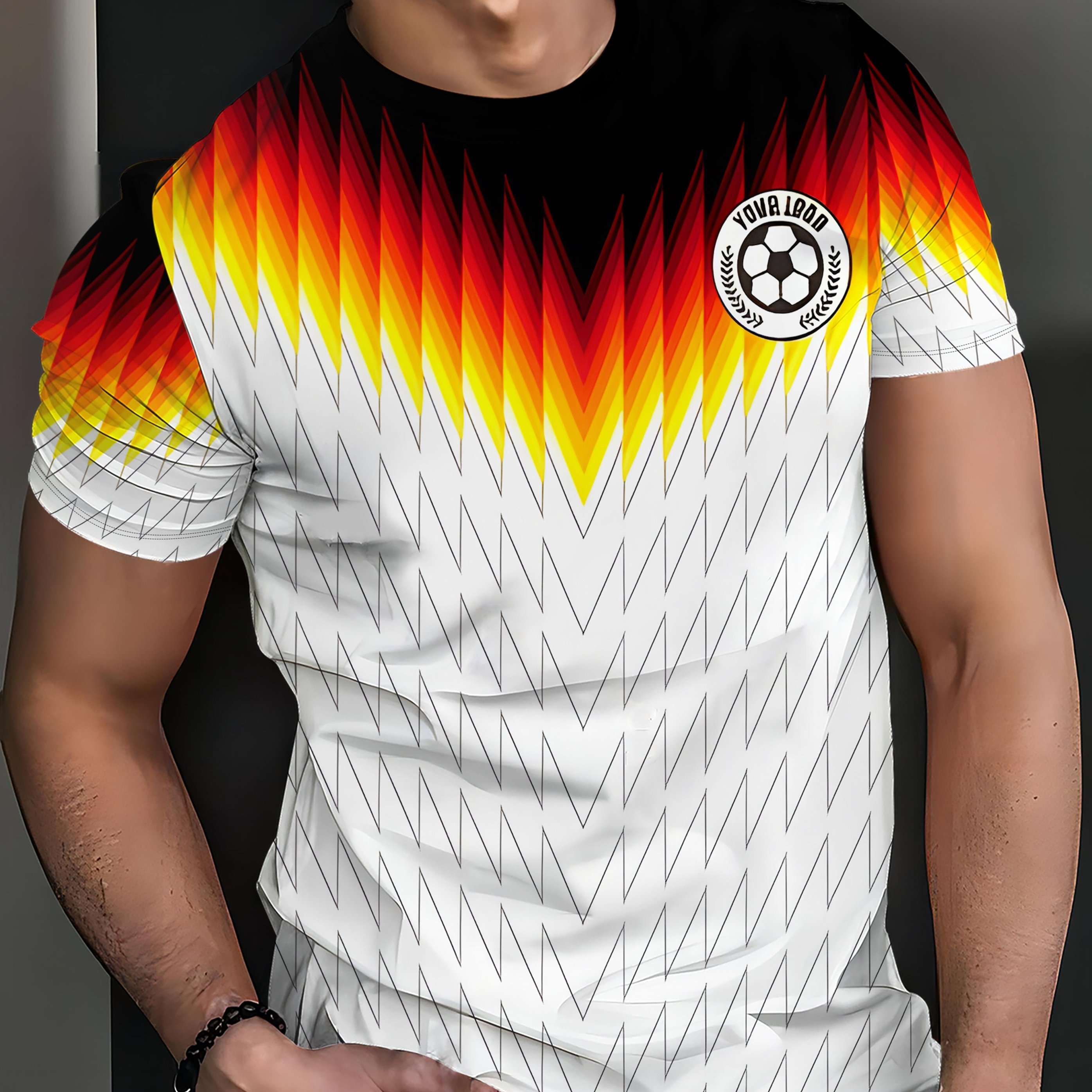 Image of German Team Summer Men's Round Neck T-shirt, Flame Gradient Texture Football Badge Print T-shirt, Street Trendy Cool Athletic Style Short Sleeve, Fan Viewing Game Style