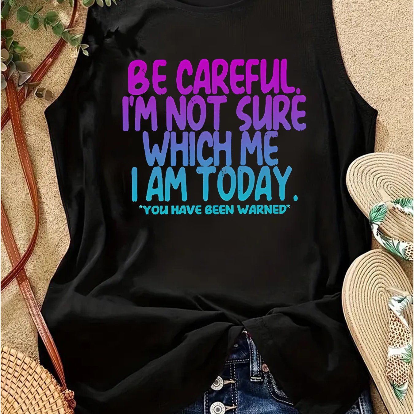 TEMU Lettered Printed Round-neck Tank Top, A Casual Sleeveless Top Suitable For Women To Wear And Summer