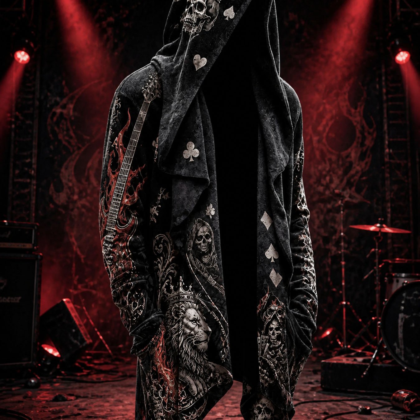 Image of Men Skull Guitar Halloween Long Buttonless Hoodie Cardigan Edgy Gothic Halloween Clothing Stylish Casual Wear For Parties And Daily Street Fashion Outfits.