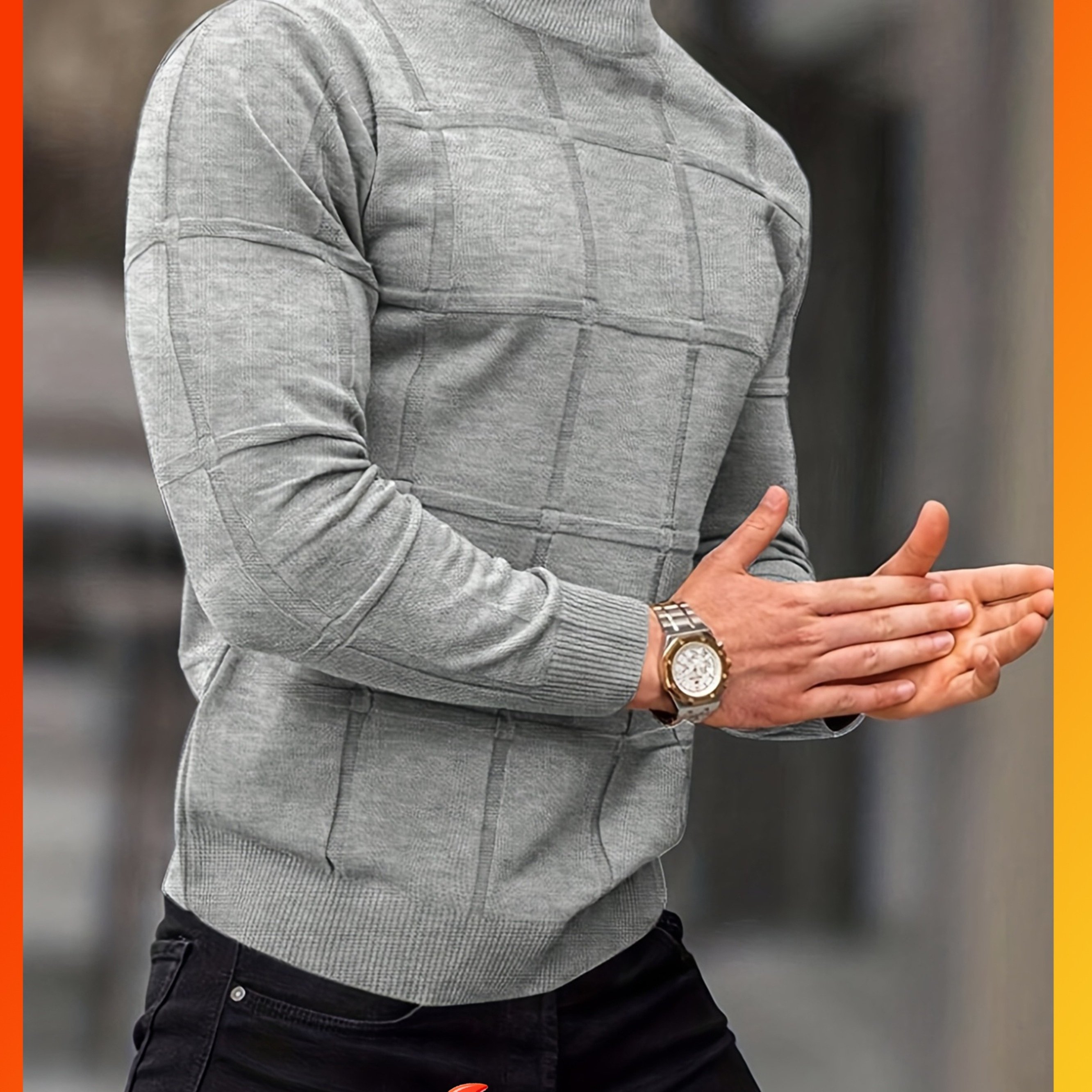 TEMU Herren-Pullover aus reiner Baumwolle mit halbhohem Kragen, kariertes Jacquard-Strickoberteil mit langen Ärmeln, lässiger Basis-Pullover für