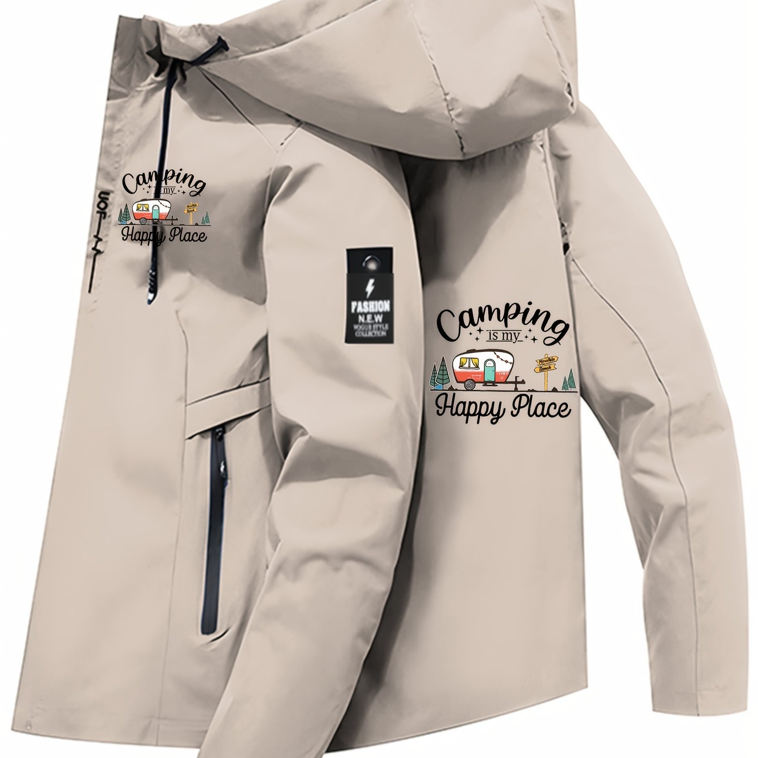 TEMU Herren Camping-Grafikjacke – Outdoor Kapuzenmantel mit Happy Place-Print, Reißverschluss-Langarm-Jacke für Wandern, Vordertaschen,