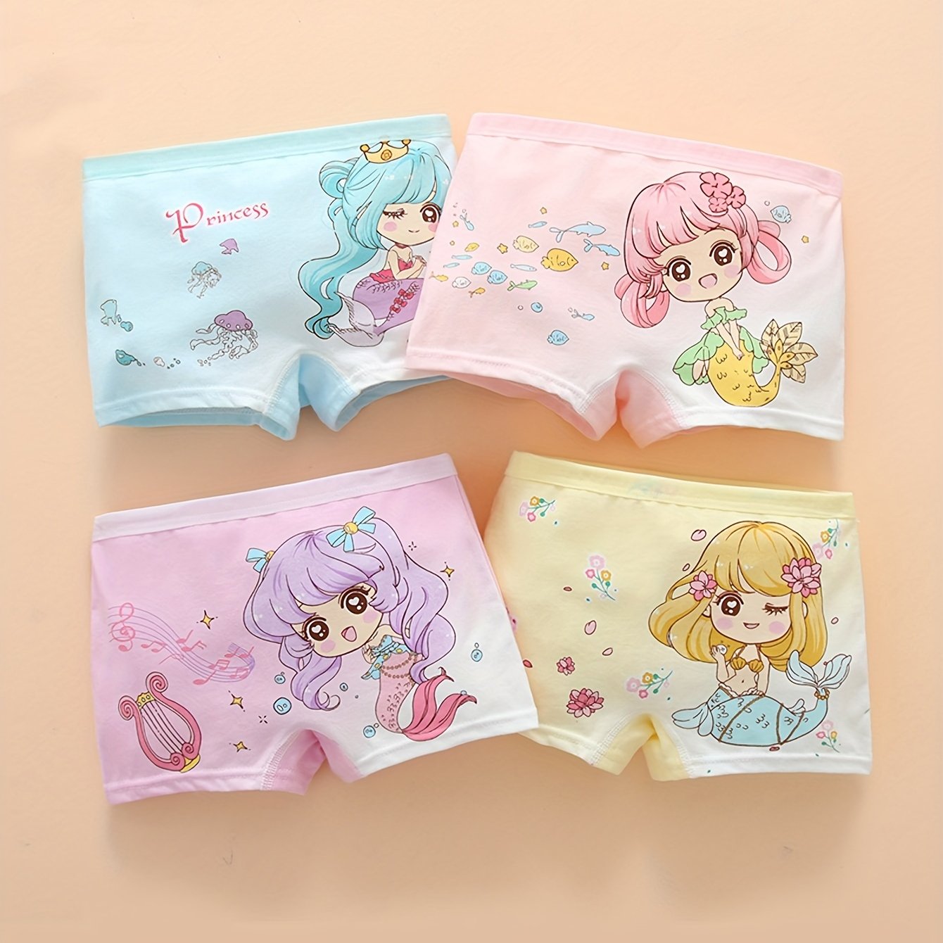 4-pack Cute Girls' Heart Boxer Briefs, Mermaid Print Underwear