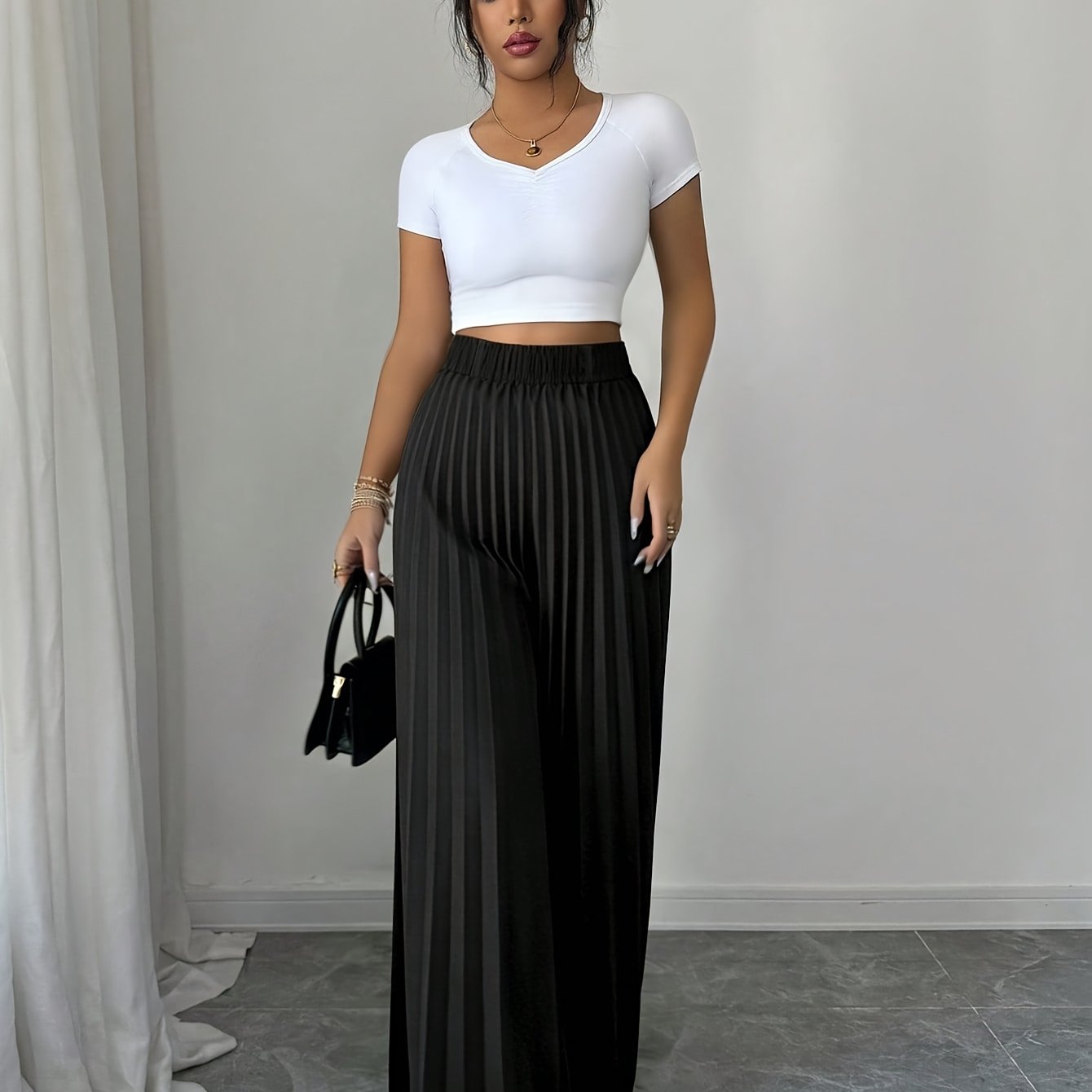 TEMU Women' Color Minimalist Pleated Casual Trousers, Simple Solid Color Flowy Wide-leg Pants, Spring, Summer, Autumn, Casual Stretch Waist Commuter