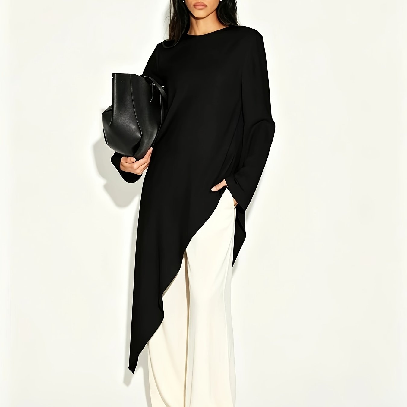 TEMU Elegant Directional Asymmetrical Flowing Long Sleeve Round Neck Waist-cinching Top, Side Slit Design, Casual Daily Shirt