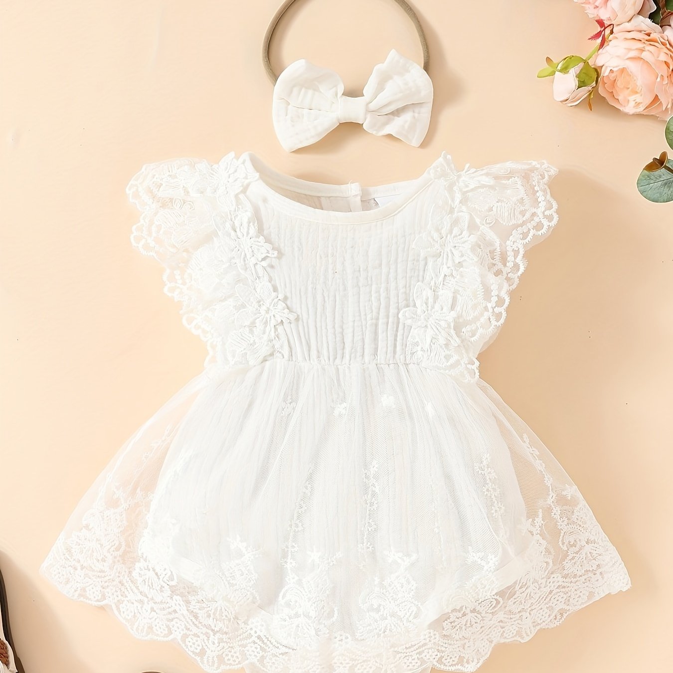 Image of [domestic Demand Lining] Infant White Baptism Dress 0-1 Year Girls Lace Trim White Floral Romper Diaper Ruched Fabric