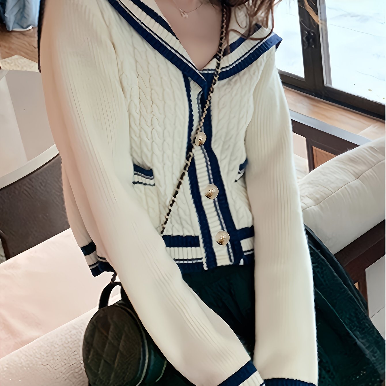 TEMU Cardigan Court pour Femmes - Design Rayé Marine et Color-Block, Col de Marin à Haute Élasticité, Pièce Superposable Lavable en Machine pour