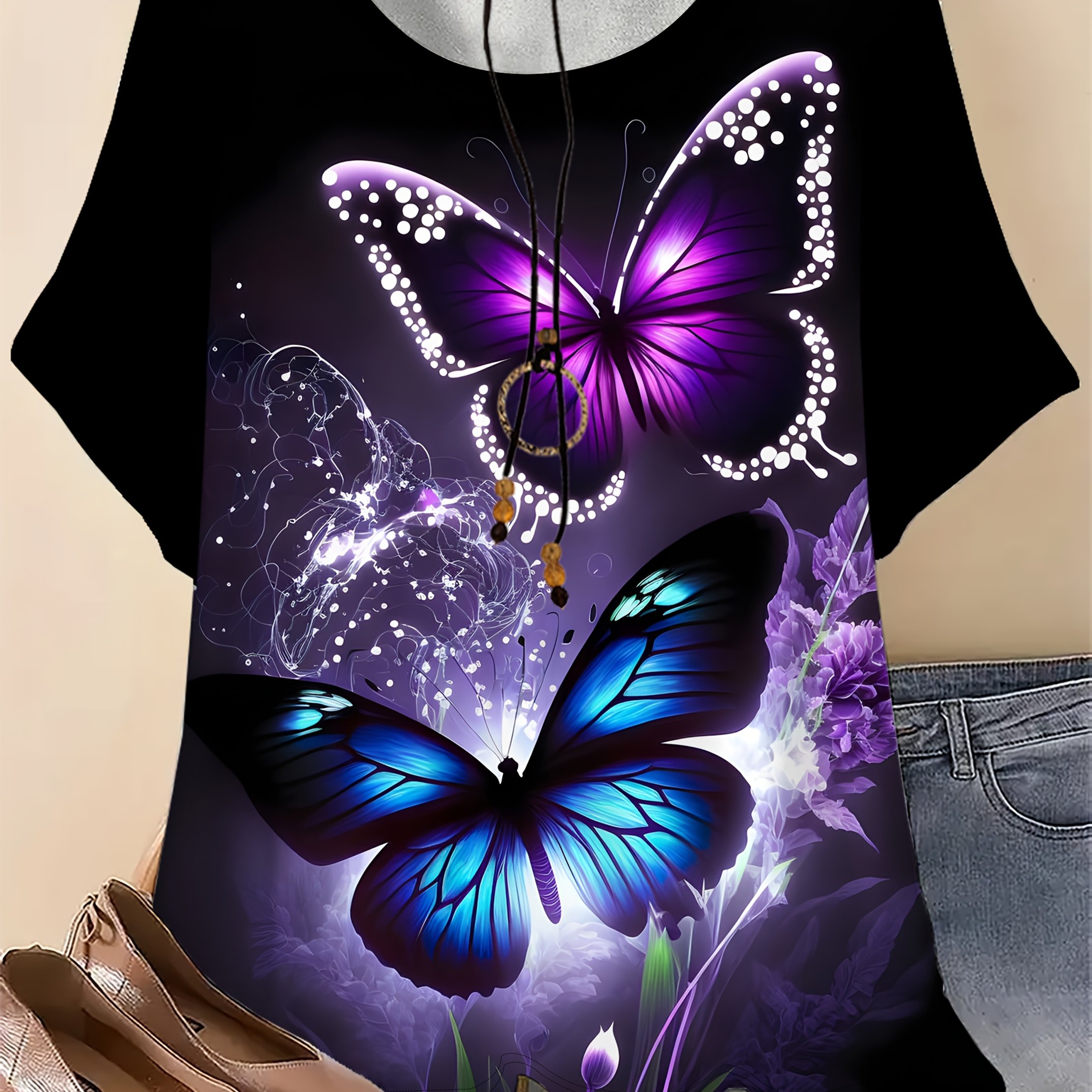 TEMU T-Shirt Grande Taille, Imprimé Dentelle Papillon Corps - Col Rond, Manches Courtes Décontracté ( Accessoires)