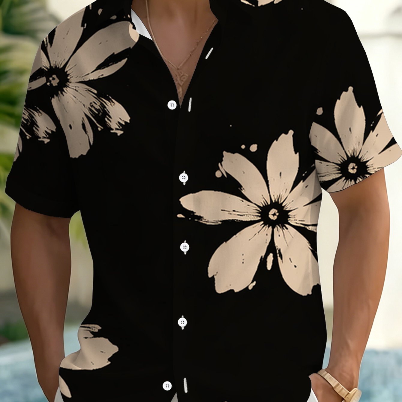 TEMU Summer Casual Short Sleeve Shirt Men's Fashion Loose Short Sleeve Printed Design â Not Textured Formal Short Sleeve White Flower Floral Pattern