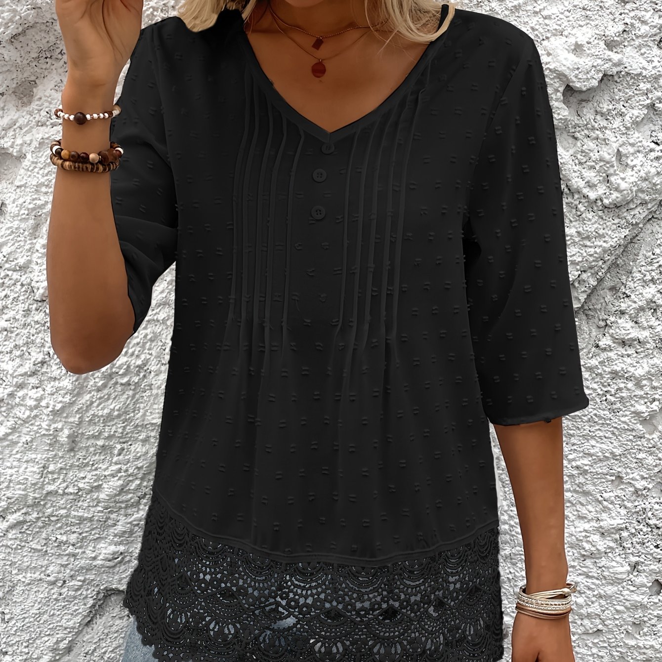 TEMU Women's Elegant Commuter Temperament Lace Textured Fabric Elegant V-neck Three-quarter Sleeve 's Shirt
