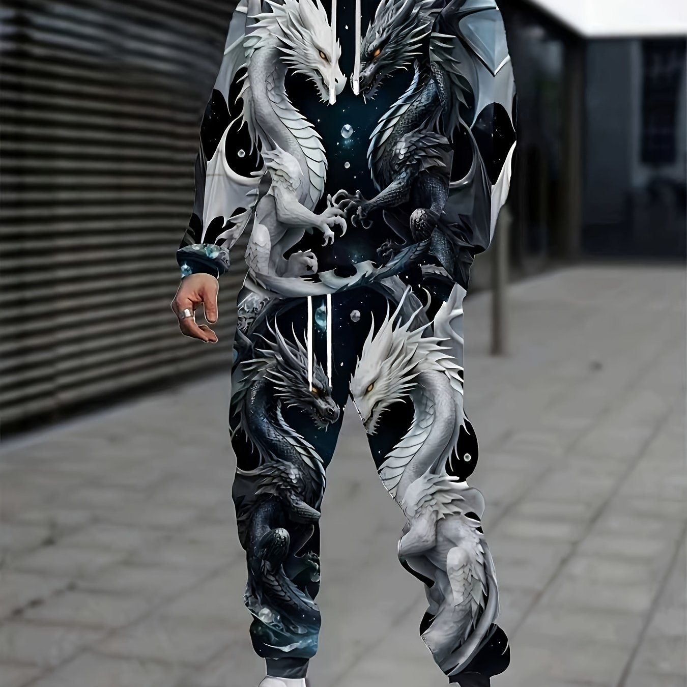 TEMU Men's 2pcs Dragon Print Hooded Tracksuit Set - 3d Matching Sweatsuit, Dragon Pattern, Machine Washable Polyester Tracksuit For Gym, Training, Or