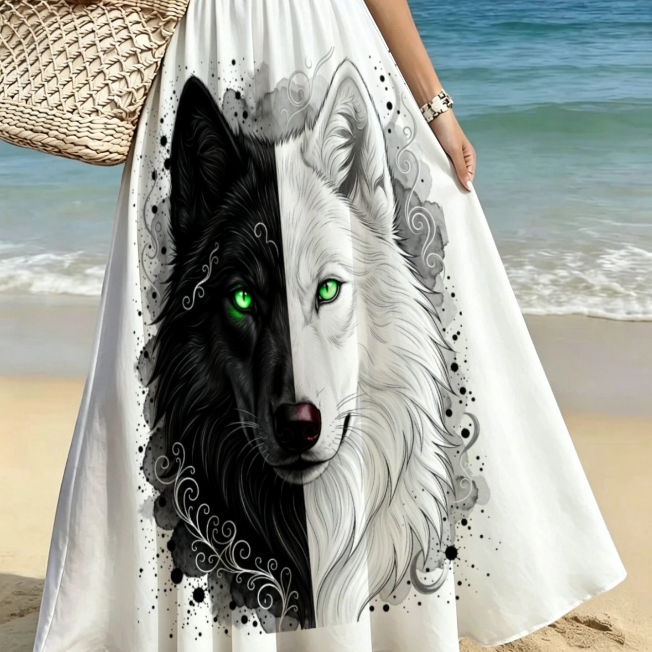 TEMU Lianyaoshi [printed Design Not Textured] Women's Maxi Skirt With Black And White Wolf Print, Lightweight For Beach, Vacation, Or Casual Outdoor