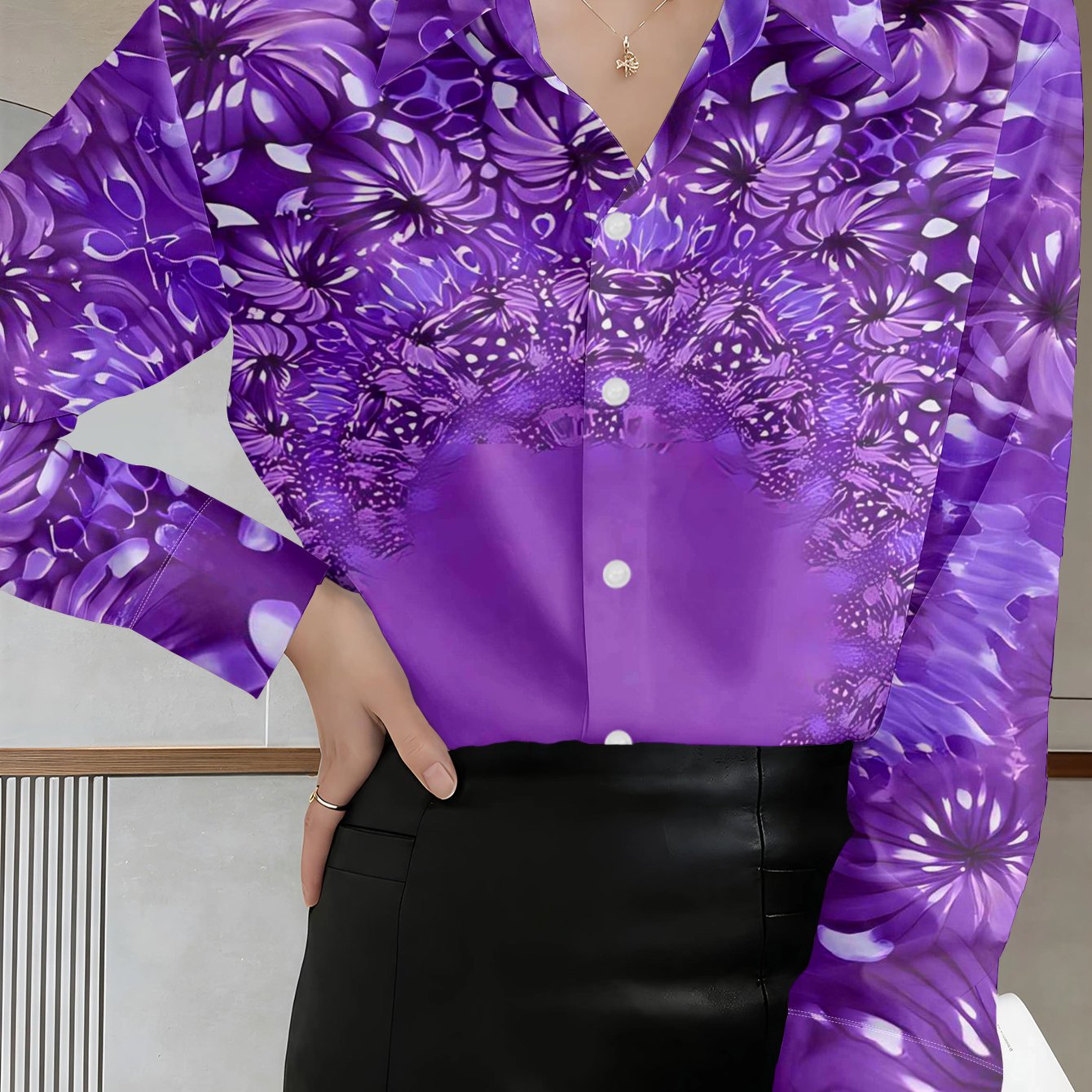 TEMU Women's Purple Floral Print Button- Shirt - Long Sleeve Blouse With Collar, Full-body Flower Pattern, Machine Washable Spring Summer Outdoor &
