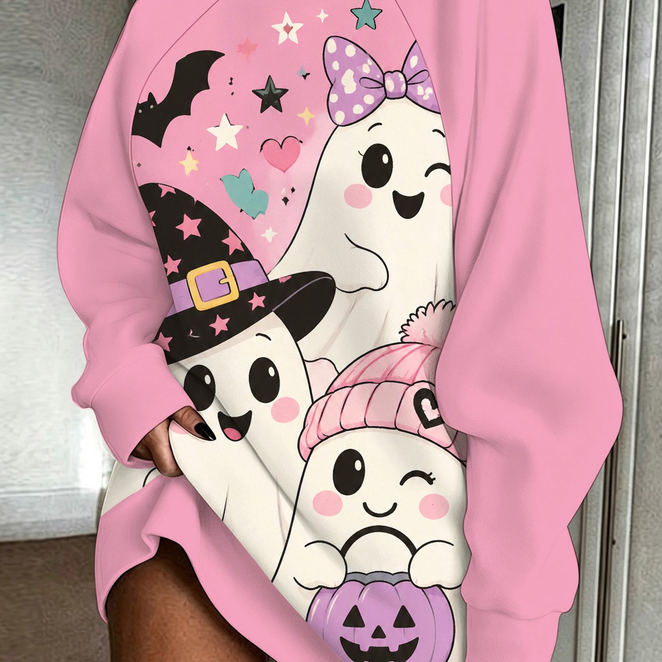 TEMU Cute Pink Halloween Women's Printed Sweatshirt, Mid-length Autumn Winter Casual Wear For Street, Travel, Home, Party, Holiday