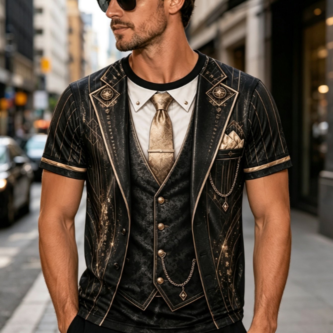 TEMU Summer New Arrival Men's Short-sleeve European Vintage Style Vest And Simulated Print, Trendy Outfit For Night Out, Back-to-