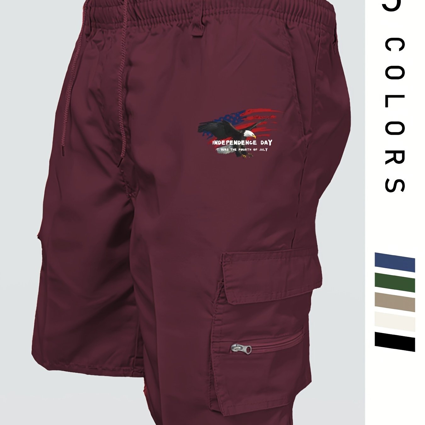 Image of Men's Loose Fit Elastic Cargo Shorts - Eagle Print, Multiple Pockets, Drawstring Waist, Ideal For Hiking, Camping & Casual Summer Wear, Casual Summer Wear|eagle Print Shorts|functional Shorts