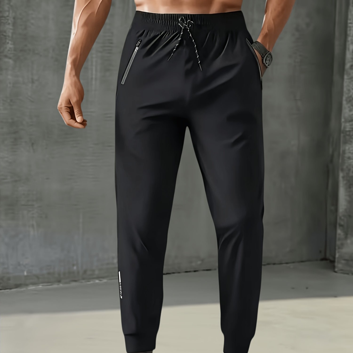 TEMU Men's Athletic Quick-dry Running Pants, 1pc Made Of Breathable High-stretch Fabric, With Drawstring Waistband And Zippered Pockets. This Casual