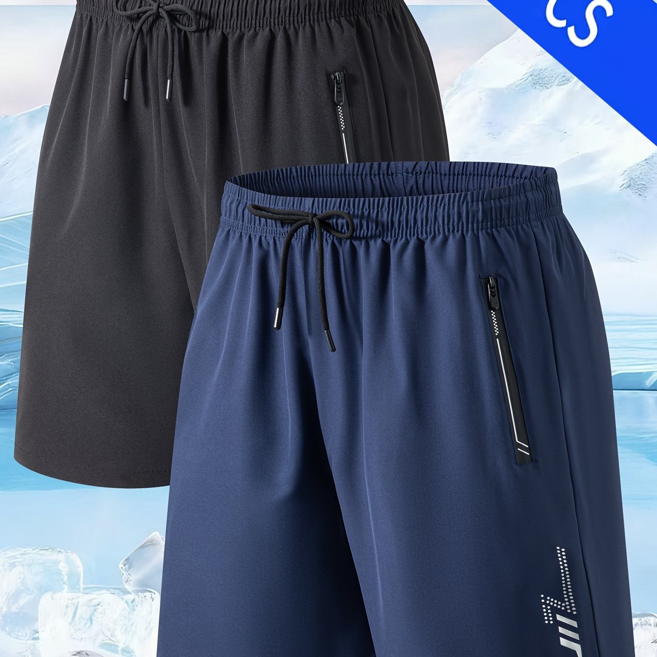TEMU Men's 2pcs Quick- Shorts - Two-pc Knee-length Beach & Swim Shorts Suitable For Running, Surfing, Swimming, Zipper Closure, Hand Washable, Solid