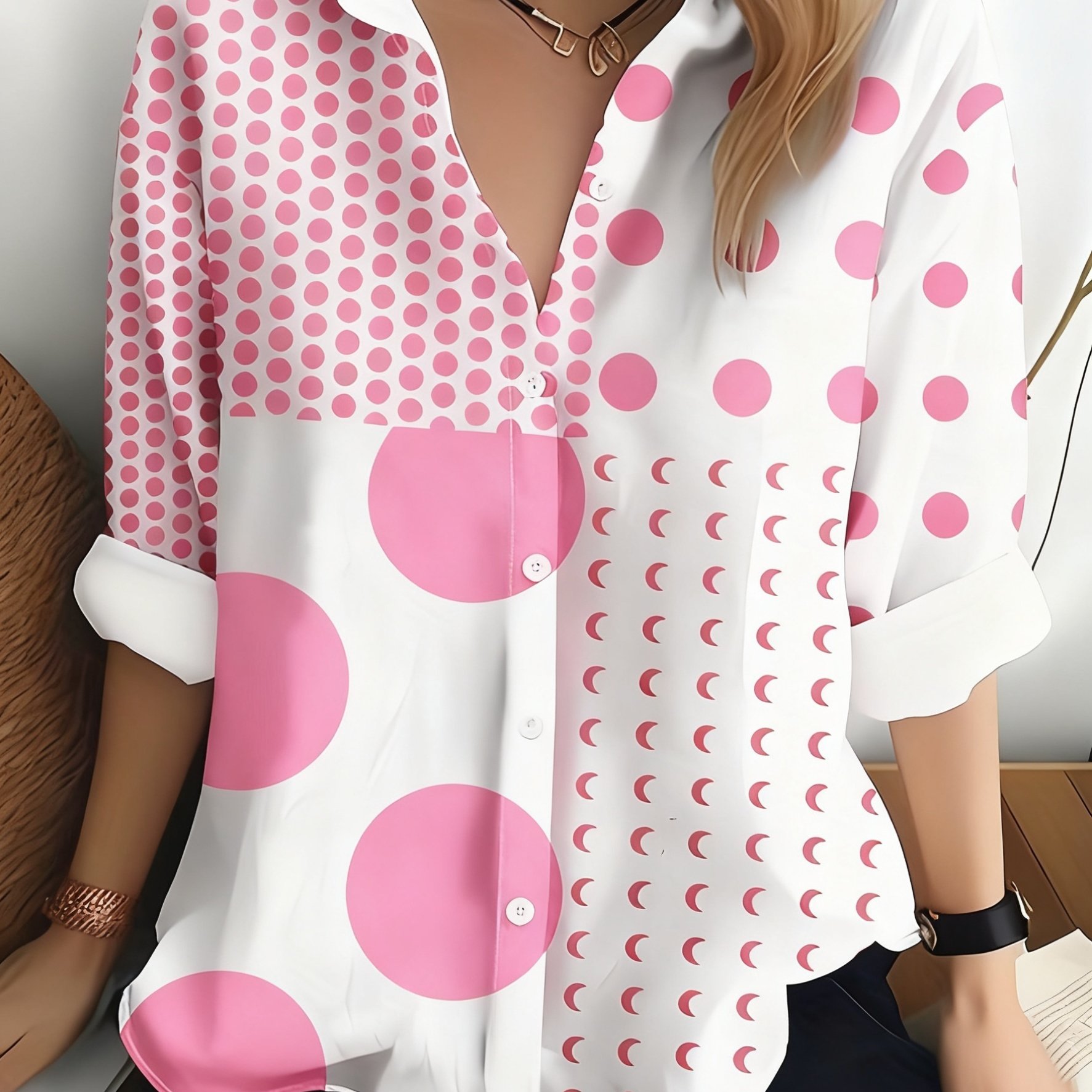 TEMU Women's Casual Shirt Polka Dot Print Long Sleeve Lapel Button Shirt Lightweight Fabric Machine Washable Spring Summer Autumn Women's Clothing