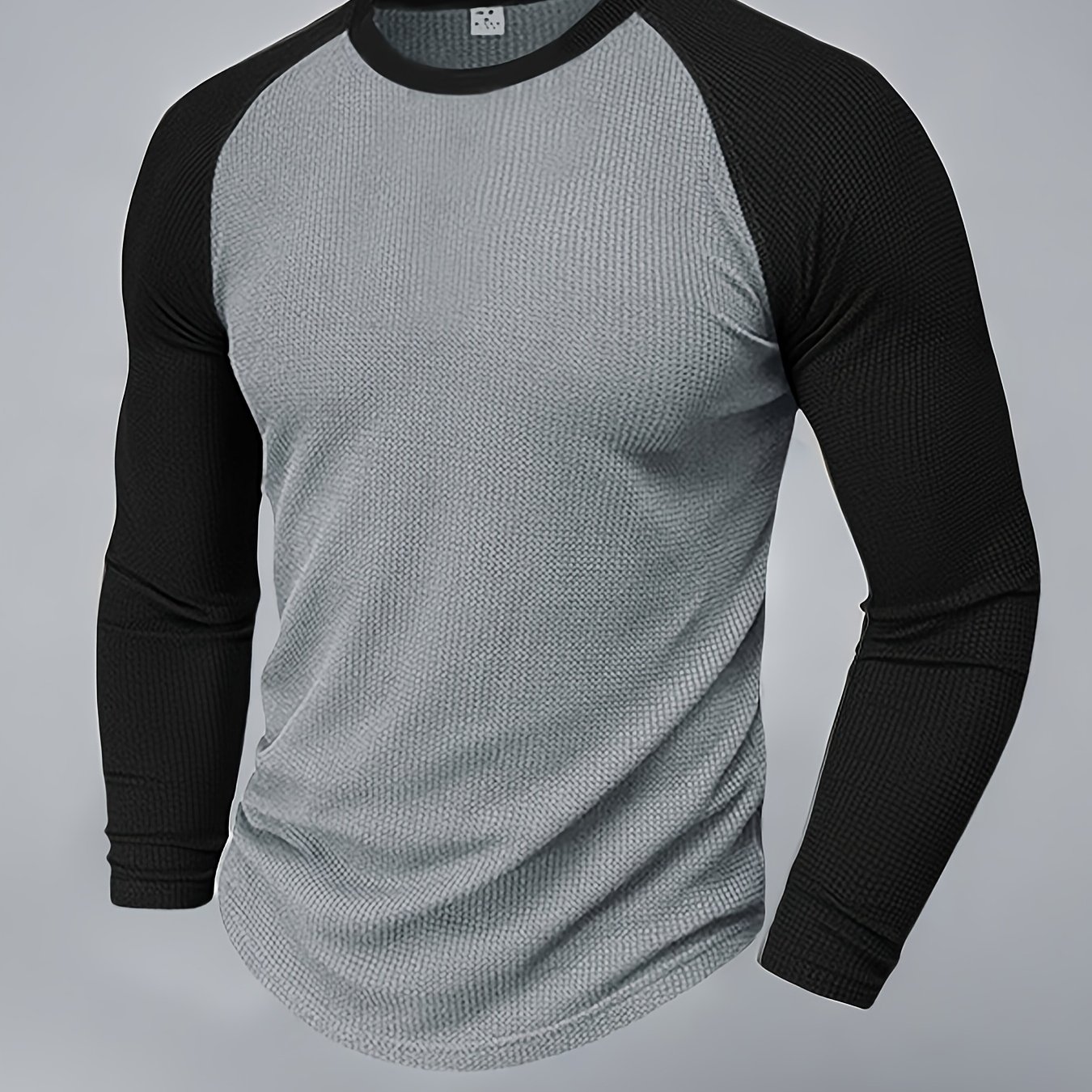 TEMU Men's Waffle Knit Long Sleeve Color Block Crew Neck Outdoor Shirt, Winter Raglan Sleeve American-style Training Long Sleeve Base Layer