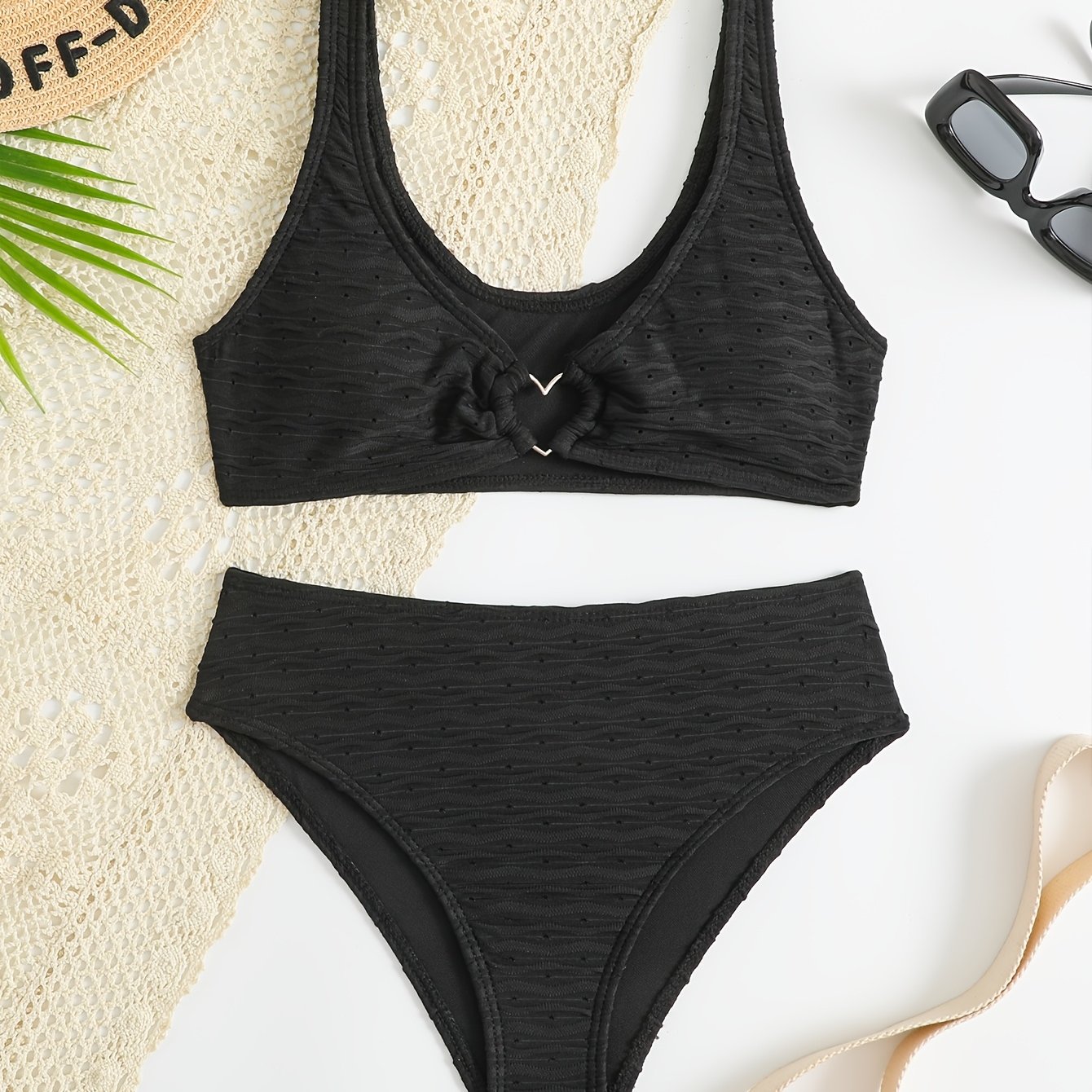 Girls' Teen Student Casual Fashion 2pcs Solid Color Basic Bikini Swimsuit Set (2pcs)