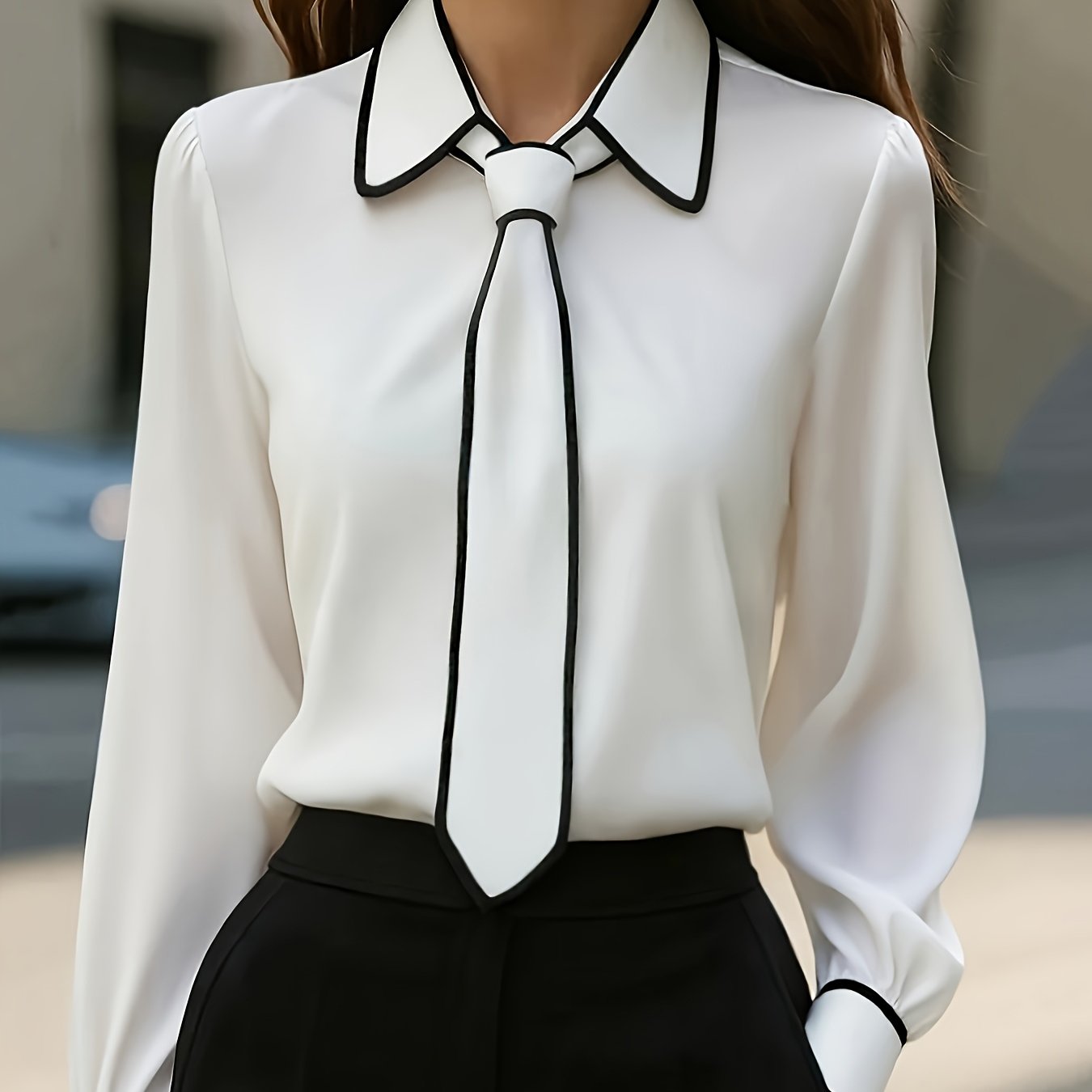 E-shop Color Block Button-Up Kragen Bindekragen Langarmhemd | Lässiges Einfarbiges Hemd für Damen