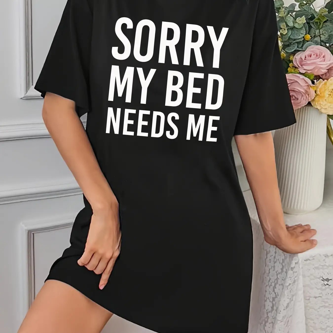 TEMU Sorrymy Bedrequires My Attention Women's Short Sleeve T-shirt Nightgown - Black With , Soft Round Neck Casual Sleepwear, Machine Washable For