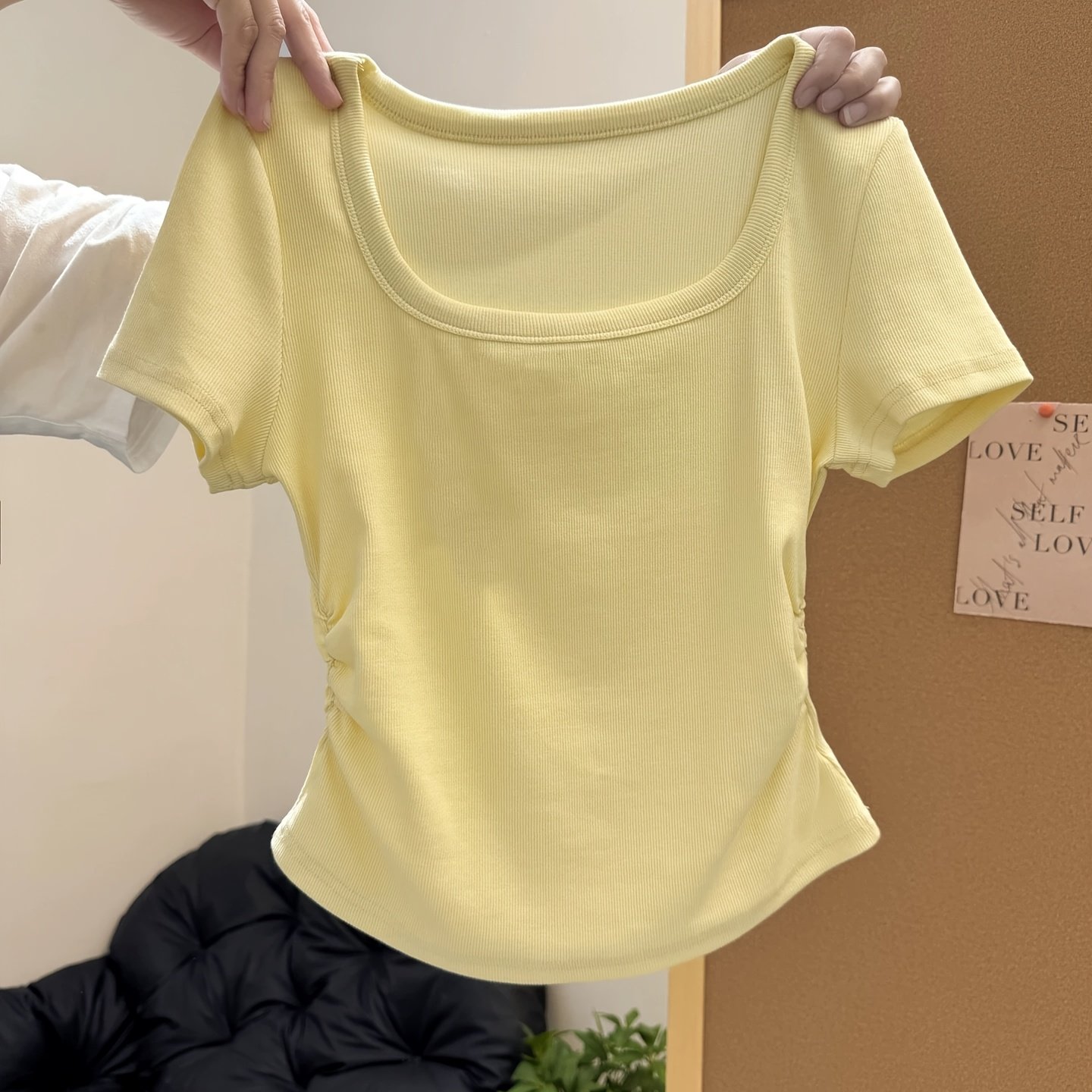 TEMU 여성 패션 슬림핏 티셔츠, 스퀘어넥 다용도 허리 집는 플리츠 디자인 반팔, 여성 탄성 베이직 캐주얼 베이스 셔츠 탑