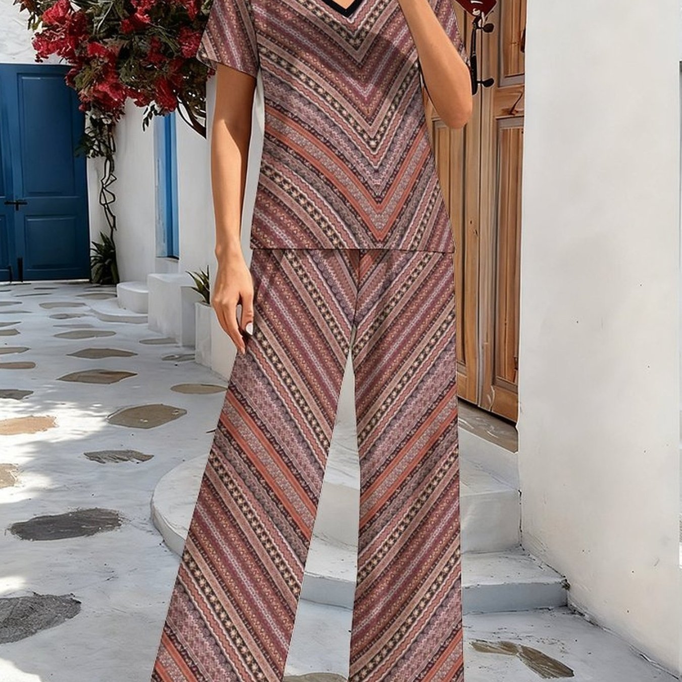 Image of Women's Comfortable, Fashionable, And Elegant V-neck Short Sleeves And Loose Pants, Pattern Print Suitable For Daily Life, Home, Leisure, Commuting, Shopping, Parties, And Camping