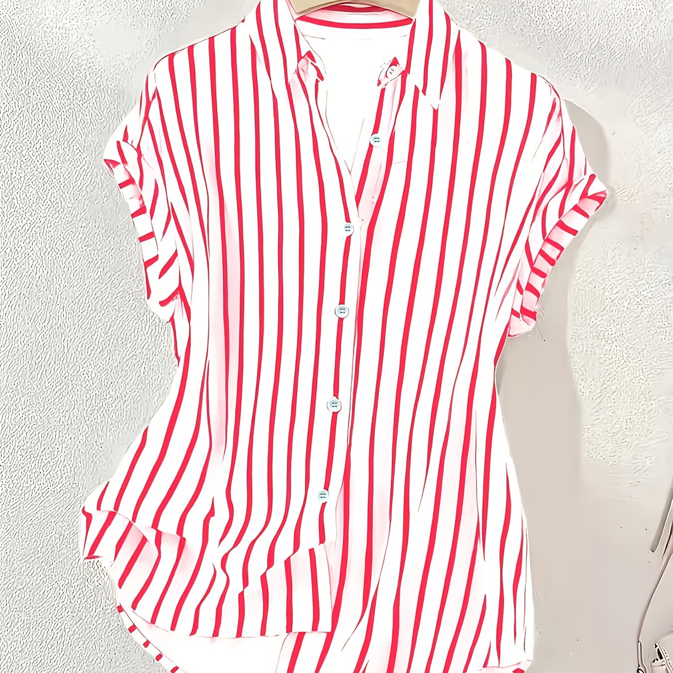 TEMU Camisa de manga corta con cuello polo de un botón y hombros caídos a rayas para mujer, moda