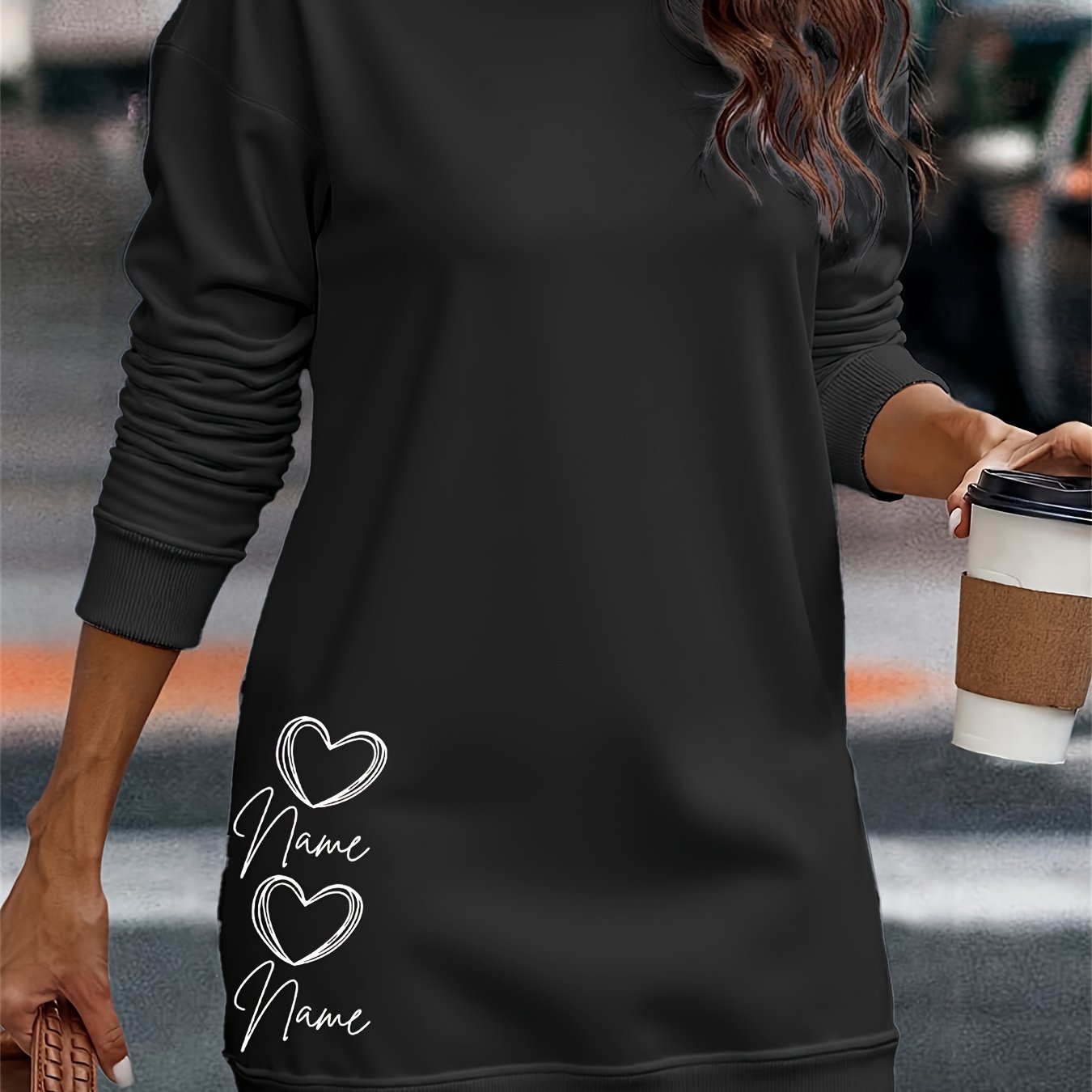 TEMU 2025 European And American Women's Fleece-lined Hooded Sweatshirt Dress, Letter Print, Thickened Hoodie Dress, Sweatshirt, Long Trendy Casual