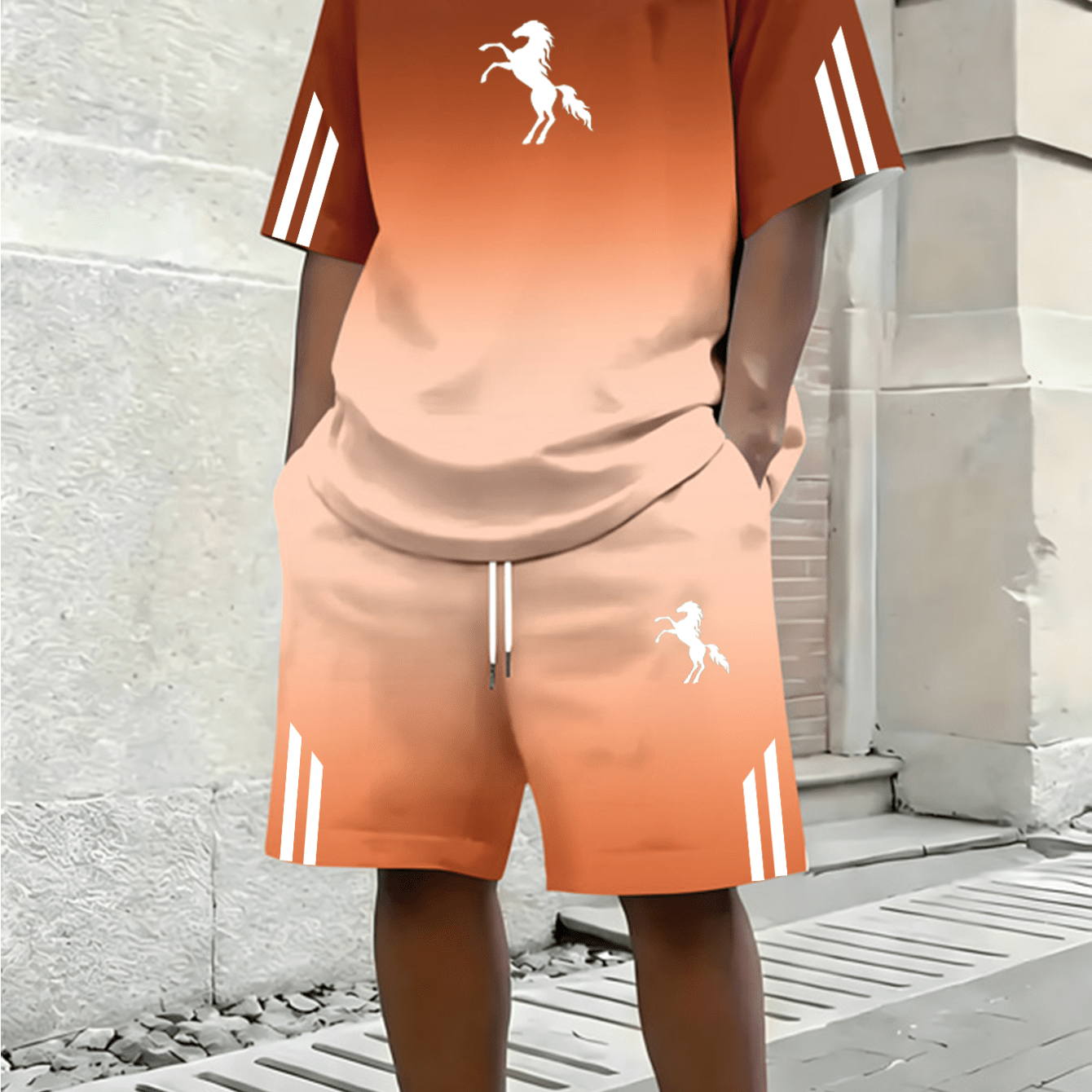 TEMU 2026 Summer Men's Gradient Short-sleeve Set Breathable T-shirt And Shorts 2pcs Set Trendy Casual Athletic All-match Men's Clothing