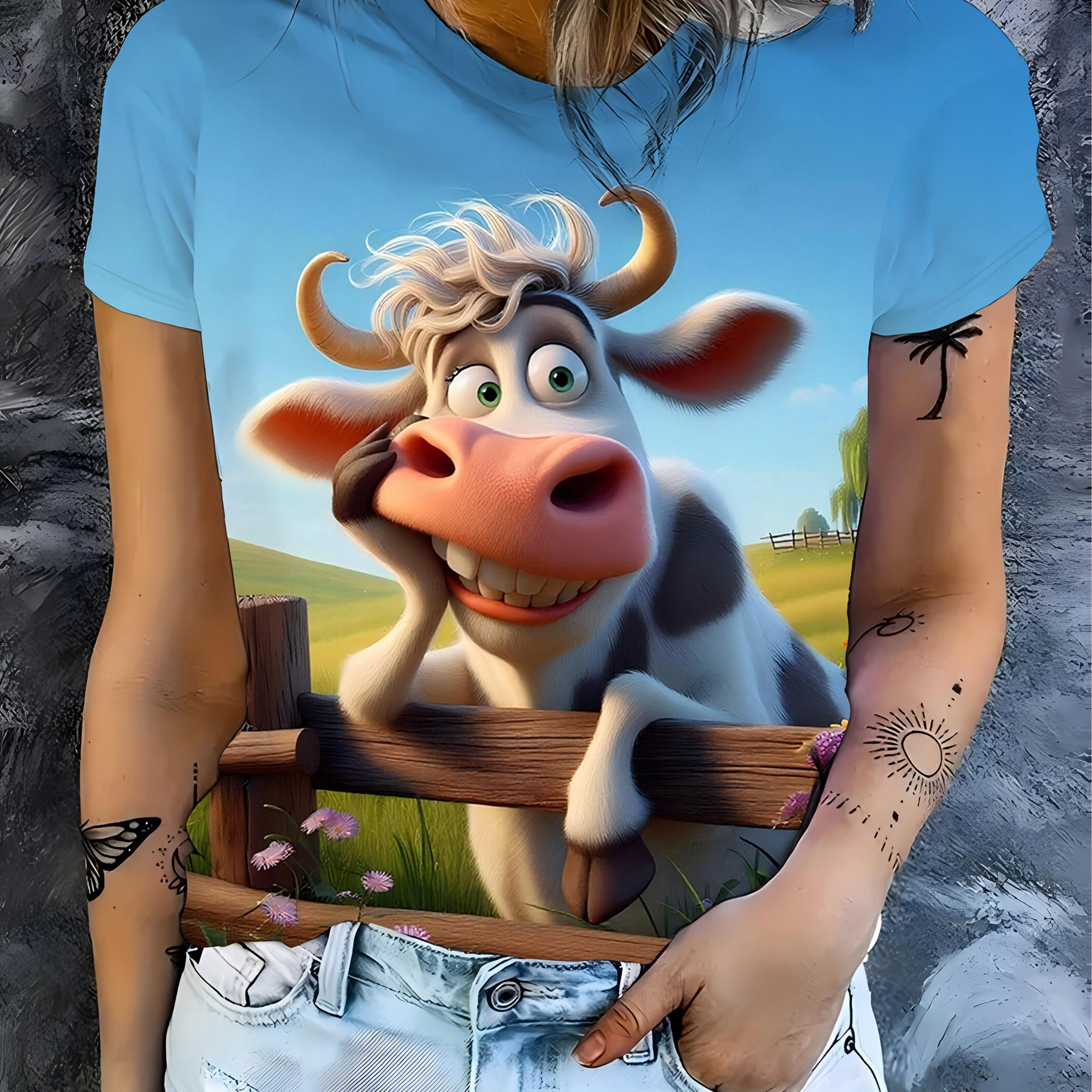 TEMU A Women's Cow Print T-shirt - A Lightweight Casual Tee Featuring Eyes, A Soft Round Neck, Perfect For Farm Parties, Casual Wear, And Themed
