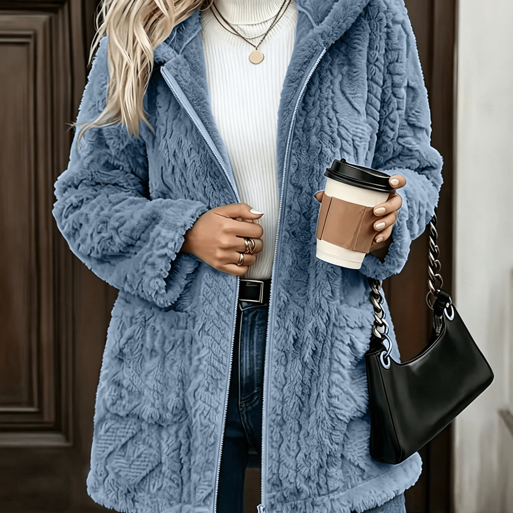 TEMU 2026 Autumn/winter Women' Color Jacquard Texture Plush Winter Elegant Style Jacket, Hooded Zipper Jacket, Teddy Bear Plush Mid-length Outerwear,