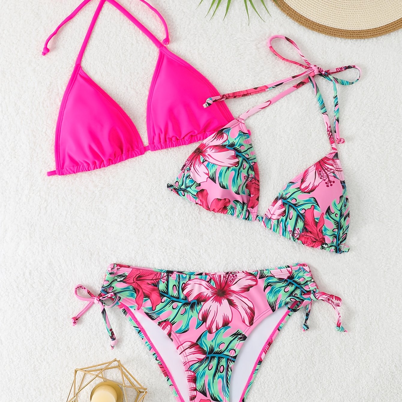 TEMU Summer Fashion Tropical Floral Print Double Top Halter Bikini