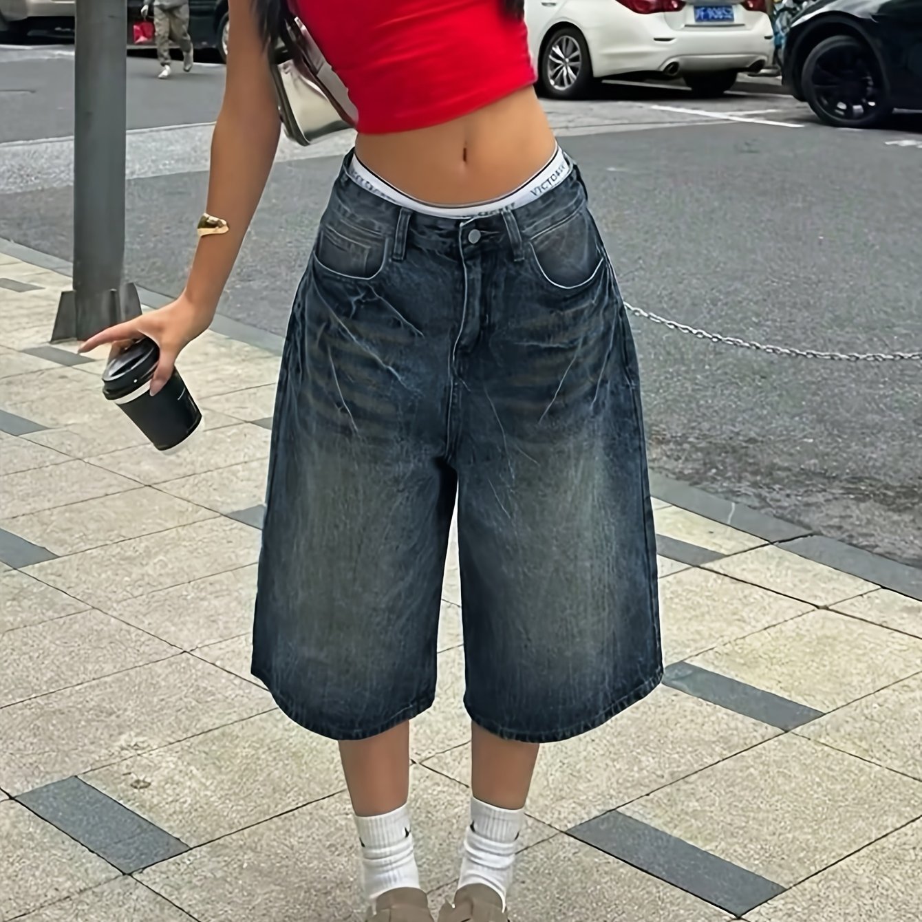 Image of Street Vintage Washed Hem Wide-leg Denim Shorts Casual Cropped Pantsdenim