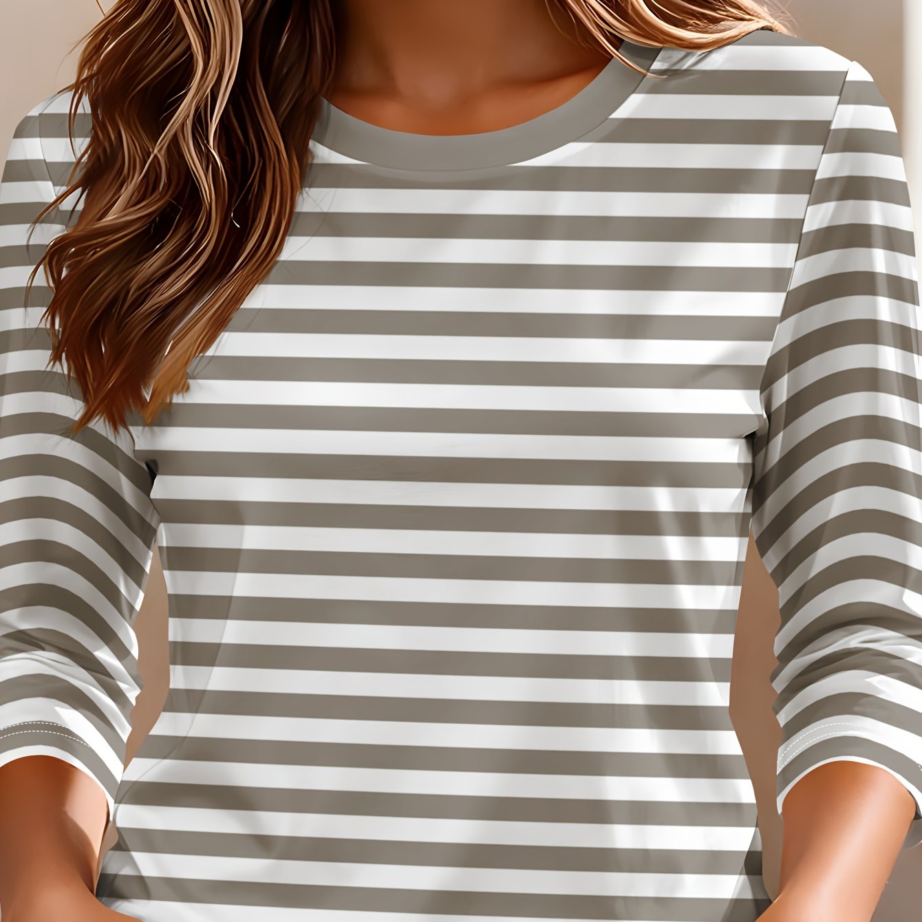 TEMU Women's Round Neck 3/4 Sleeve T-shirt, Gray White Striped Printed Casual Versatile