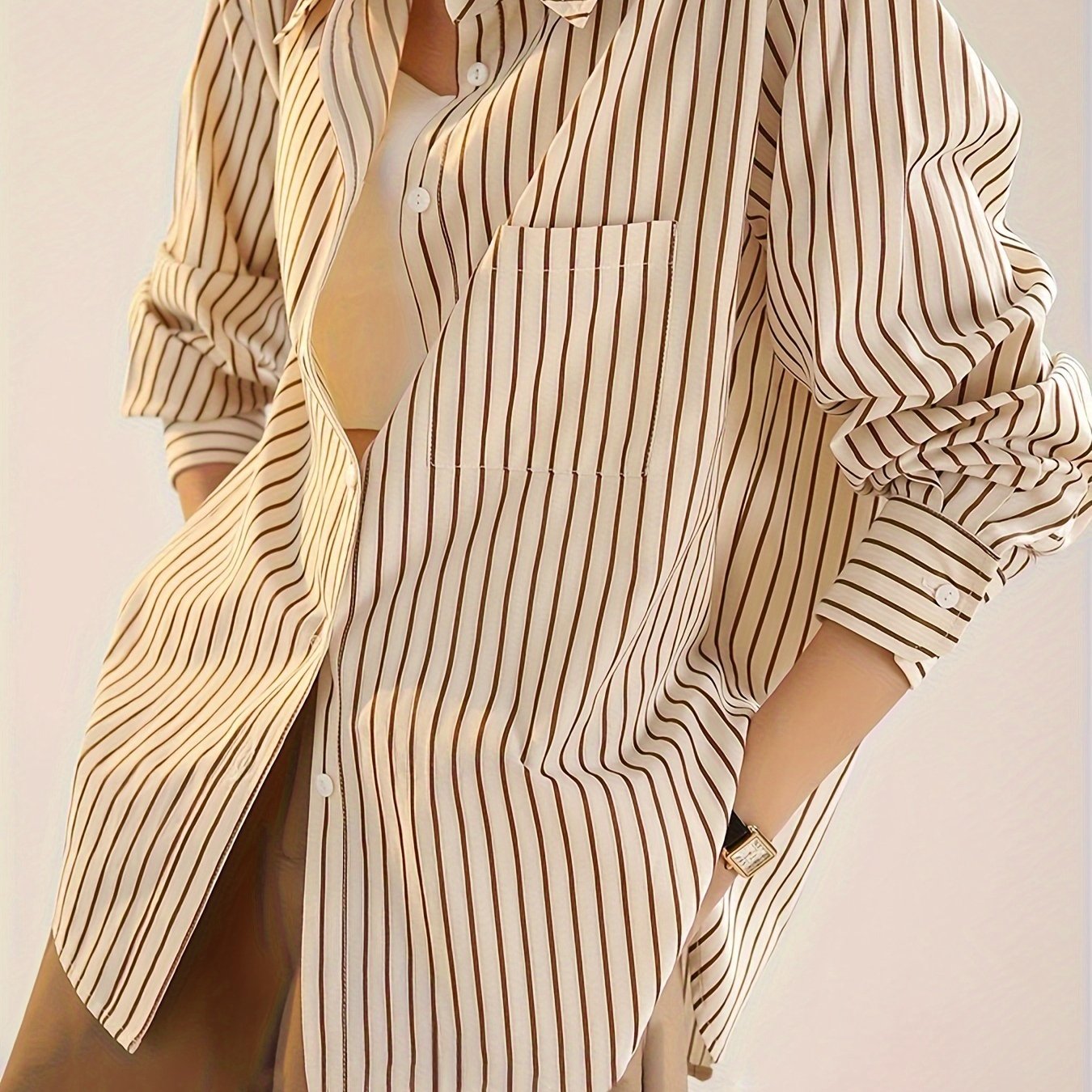 High-end Vertical Stripe Shirt For Women, Luxury Lazy Versatile Shirt, Hong Style Loose Top