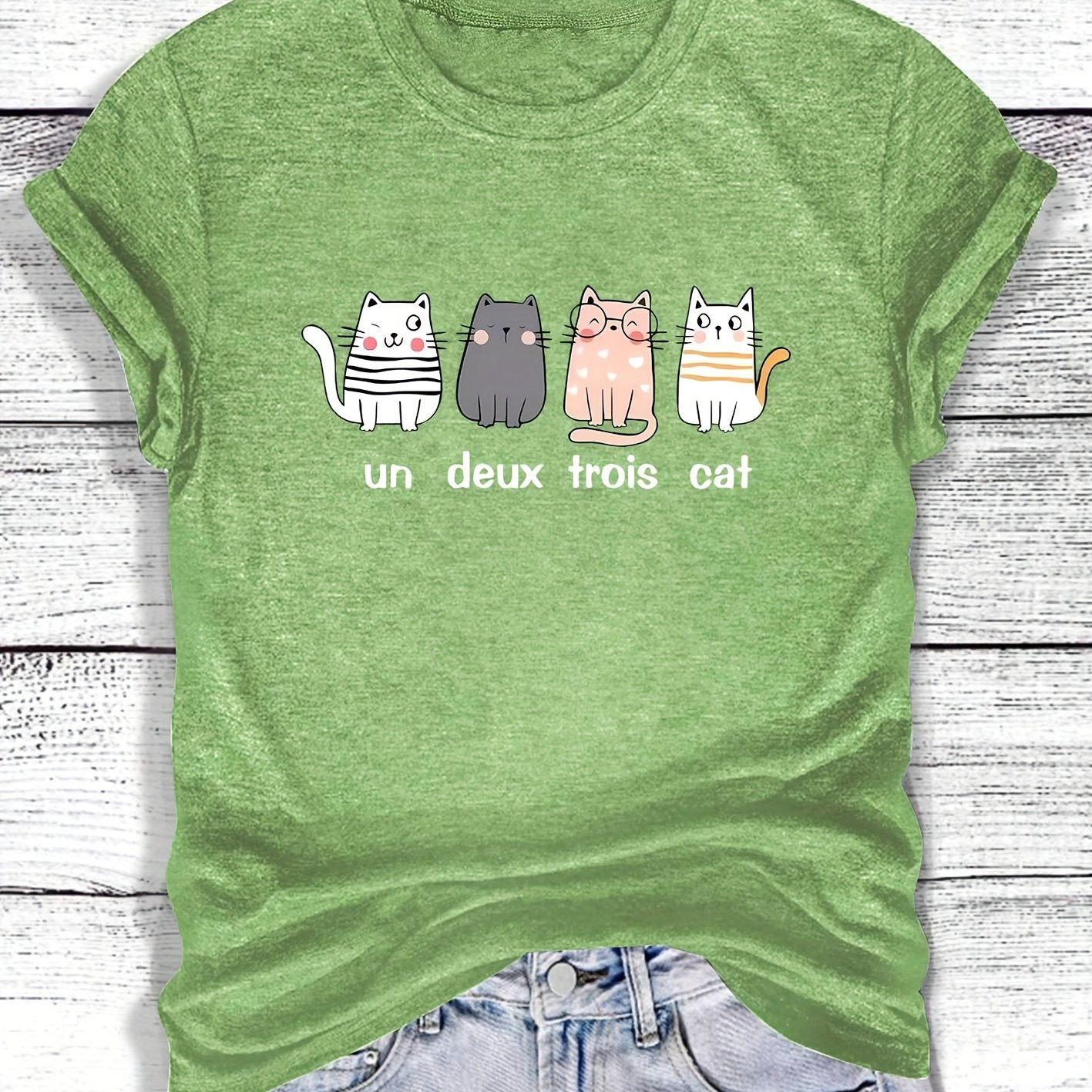TEMU Women's Short Sleeve Series With Cute Kitten Print In Poses, Round Neck Casual Vintage Style, Elegant And Cute Spring/autumn Leisure Sportswear,