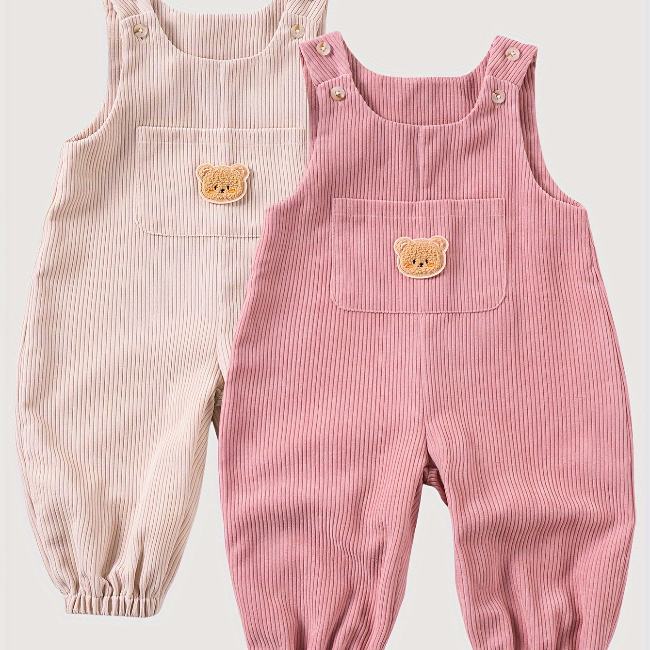Image of Two-pack Autumn/winter Outerwear For Kids, Cute Bear Patch On Chest Corduroy Overalls For Outdoor Wear