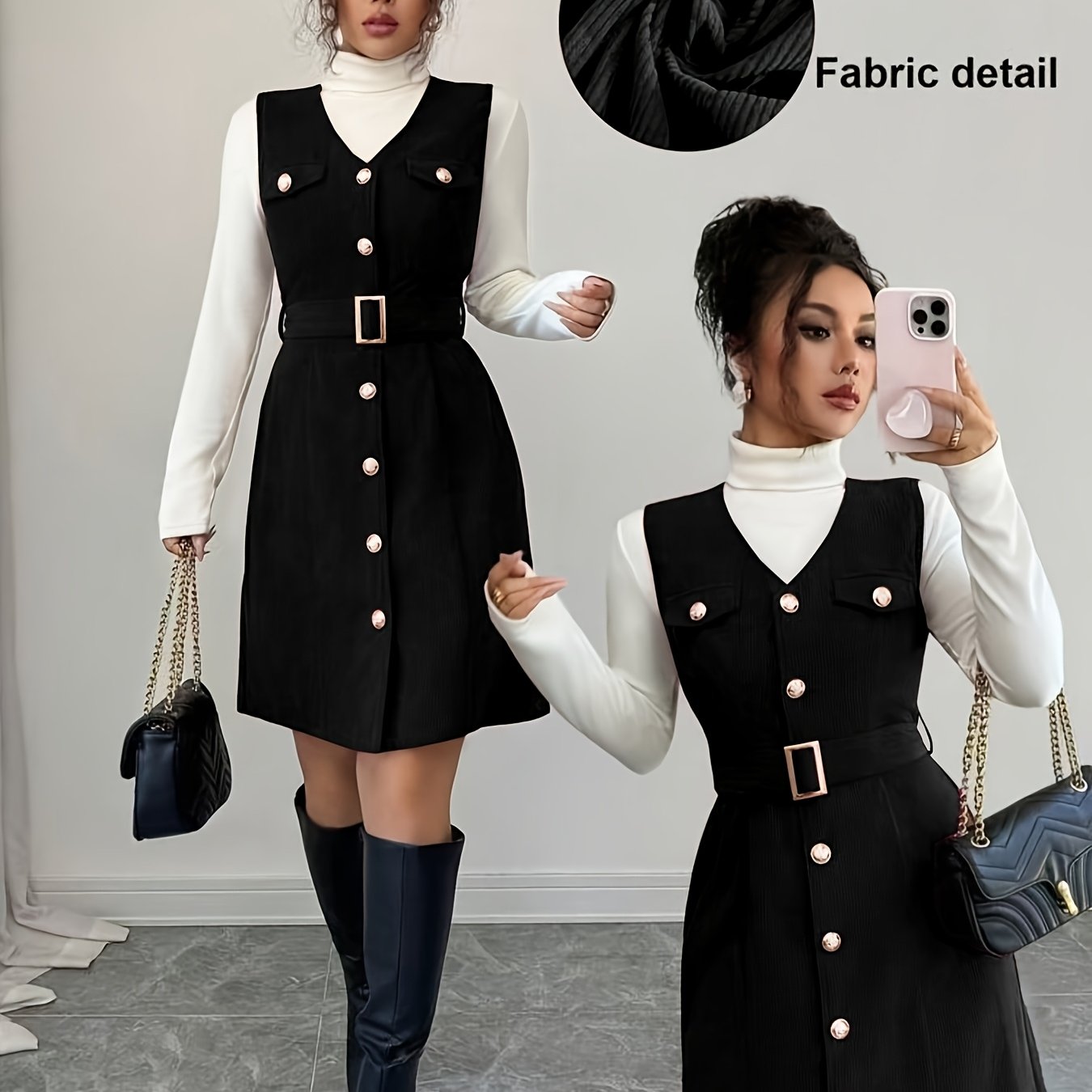 TEMU Women's Elegant Retro Corduroy V-neck Metal Button Sleeveless Dress Korean Autumn Fashion Women's Autumn Dress Women's Autumn Dress Women's