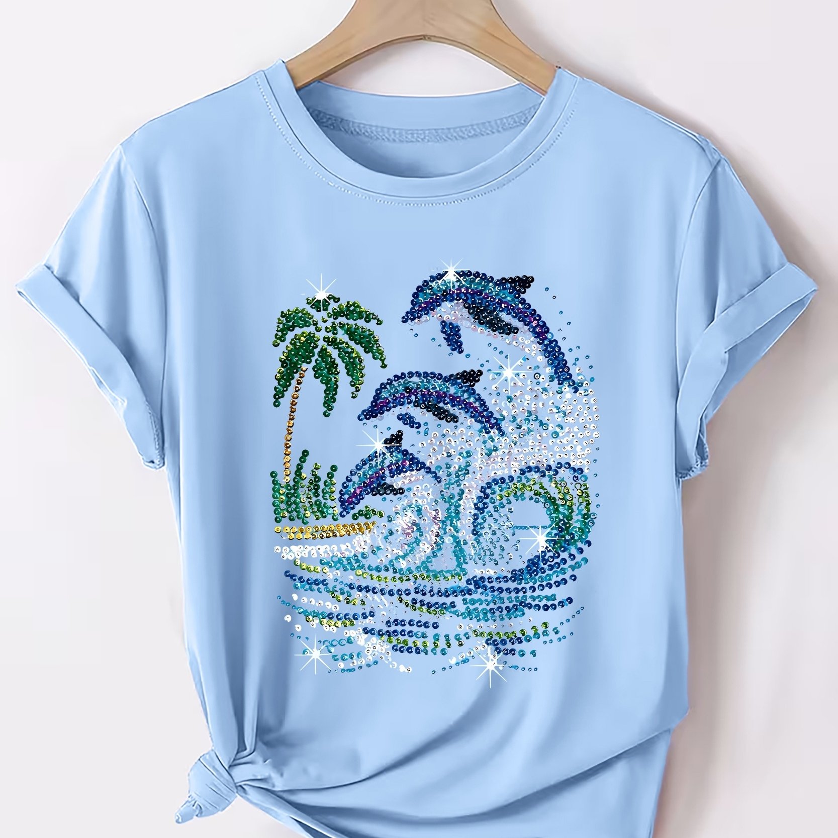 TEMU Summer Beach Sparkling Tree And Waves, With 3 Jumping Blue Hot-drilled Pattern Print, Fashion Casual Short Sleeve Summer Outfit Fitted Cut Round